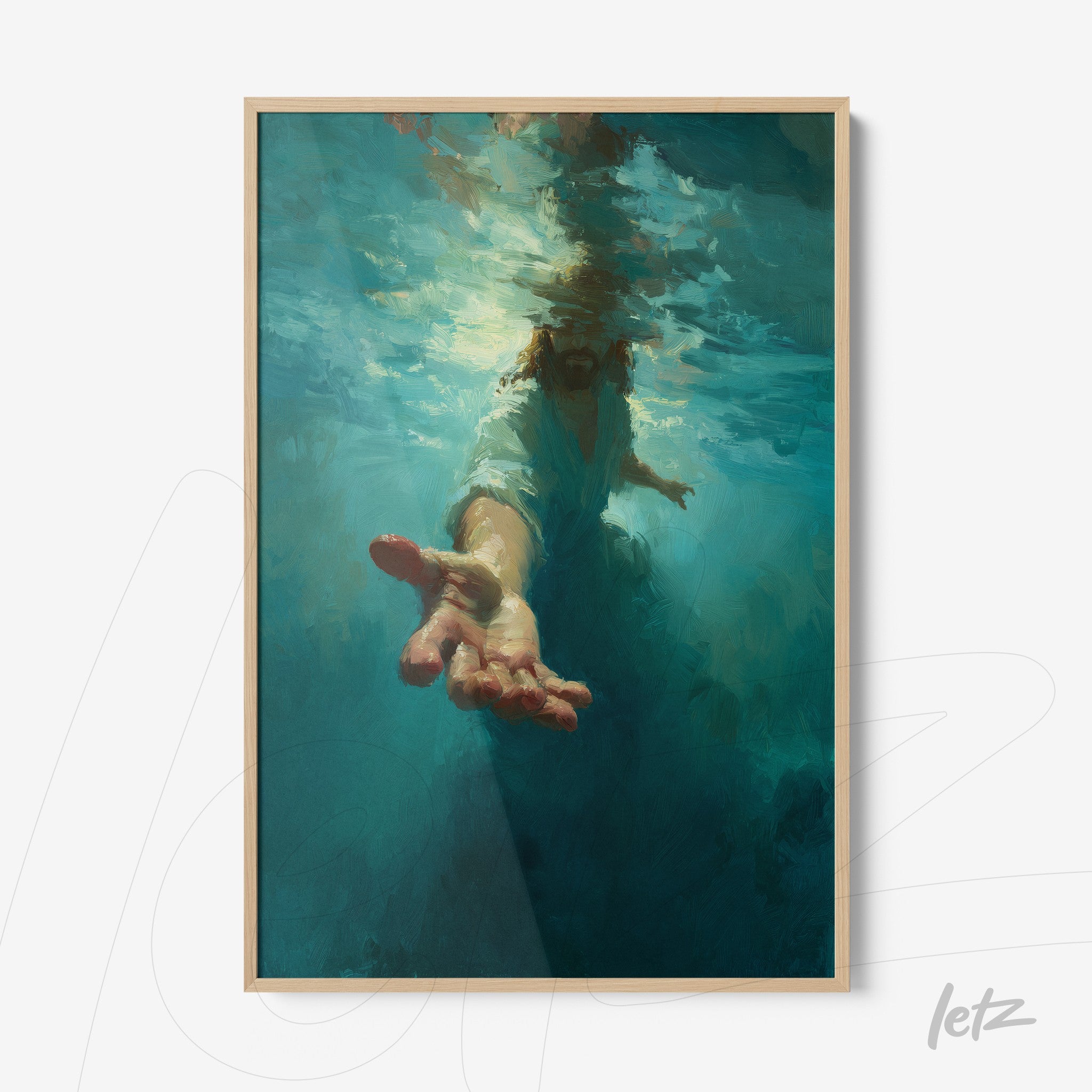 framed artwork depicting a hand submerged in deep blue water with light reflections