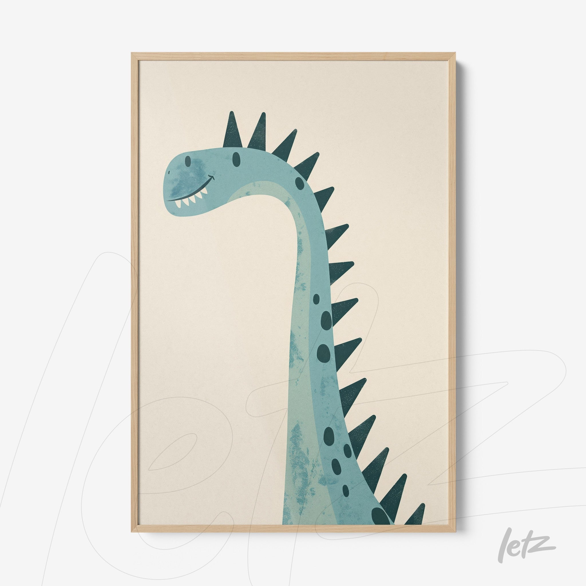 framed wall art featuring a blue dinosaur illustration on a light background with light wood frame