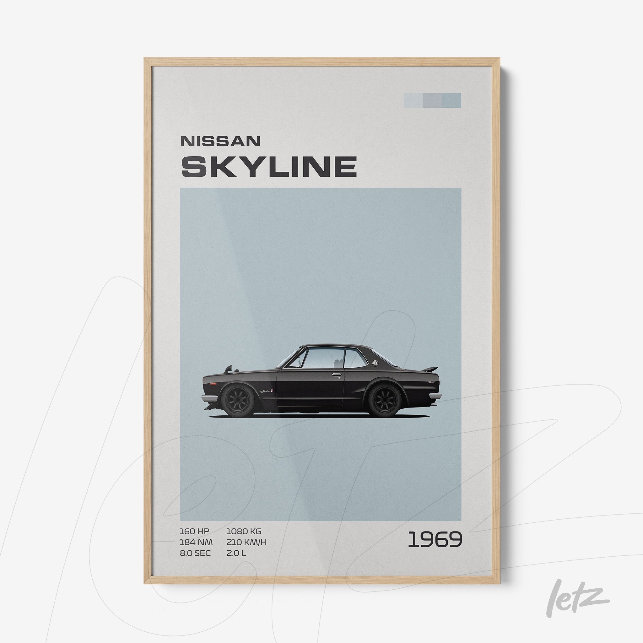 framed artwork featuring a minimalist illustration of the 1969 Nissan Skyline with a light wood frame