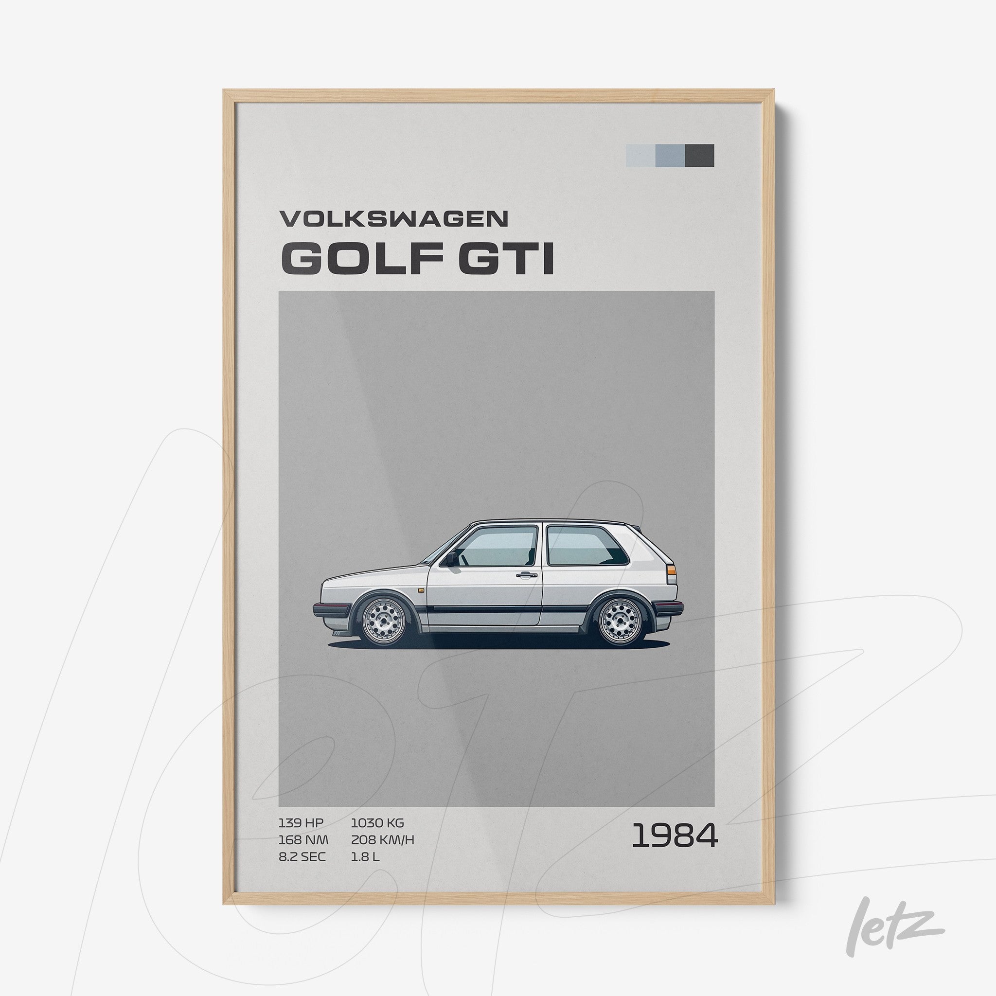 framed wall art featuring an illustration of the 1984 Volkswagen Golf GTI in a light wood frame