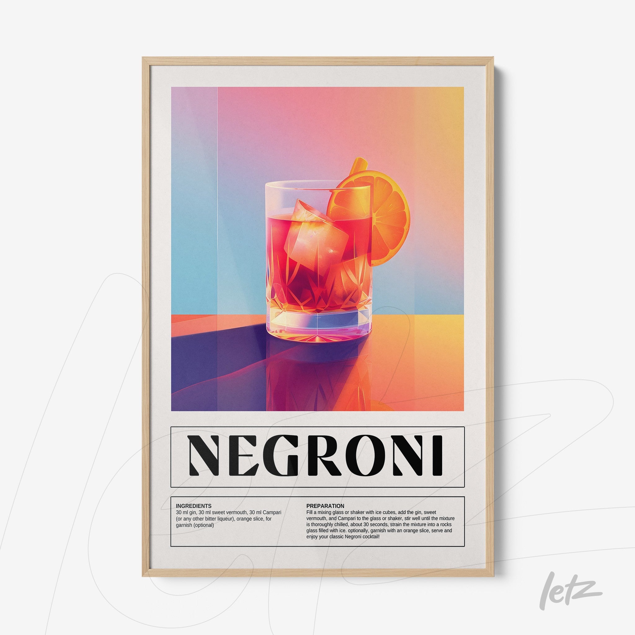 framed wall art featuring negroni cocktail illustration with vibrant background