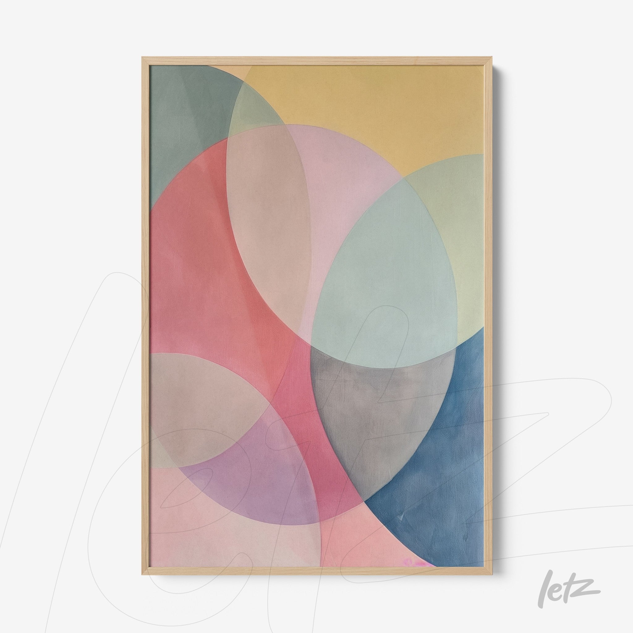 abstract wall art featuring pastel colors and circular shapes in a light wooden frame