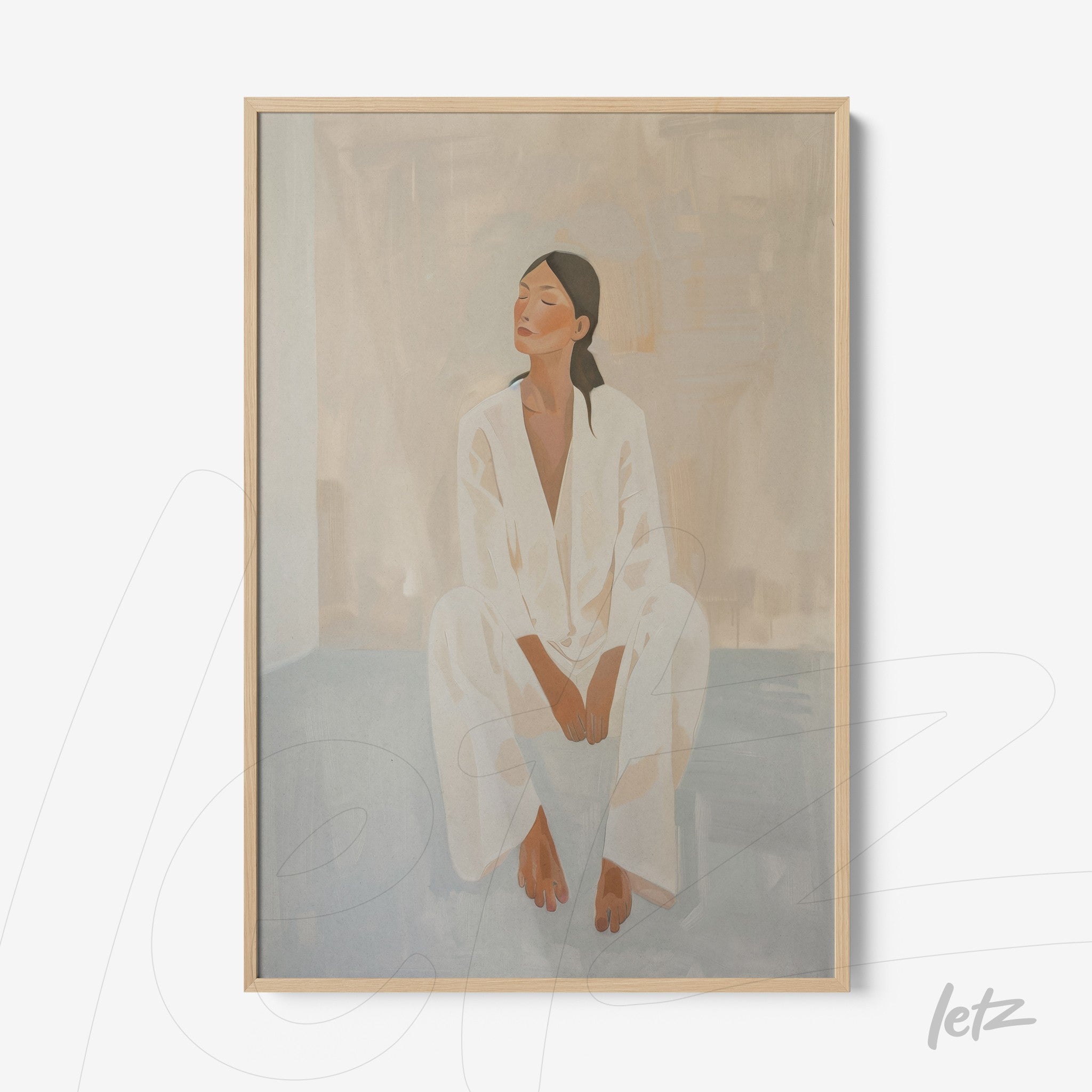 minimalist framed art of a seated woman on a neutral background with light wood frame