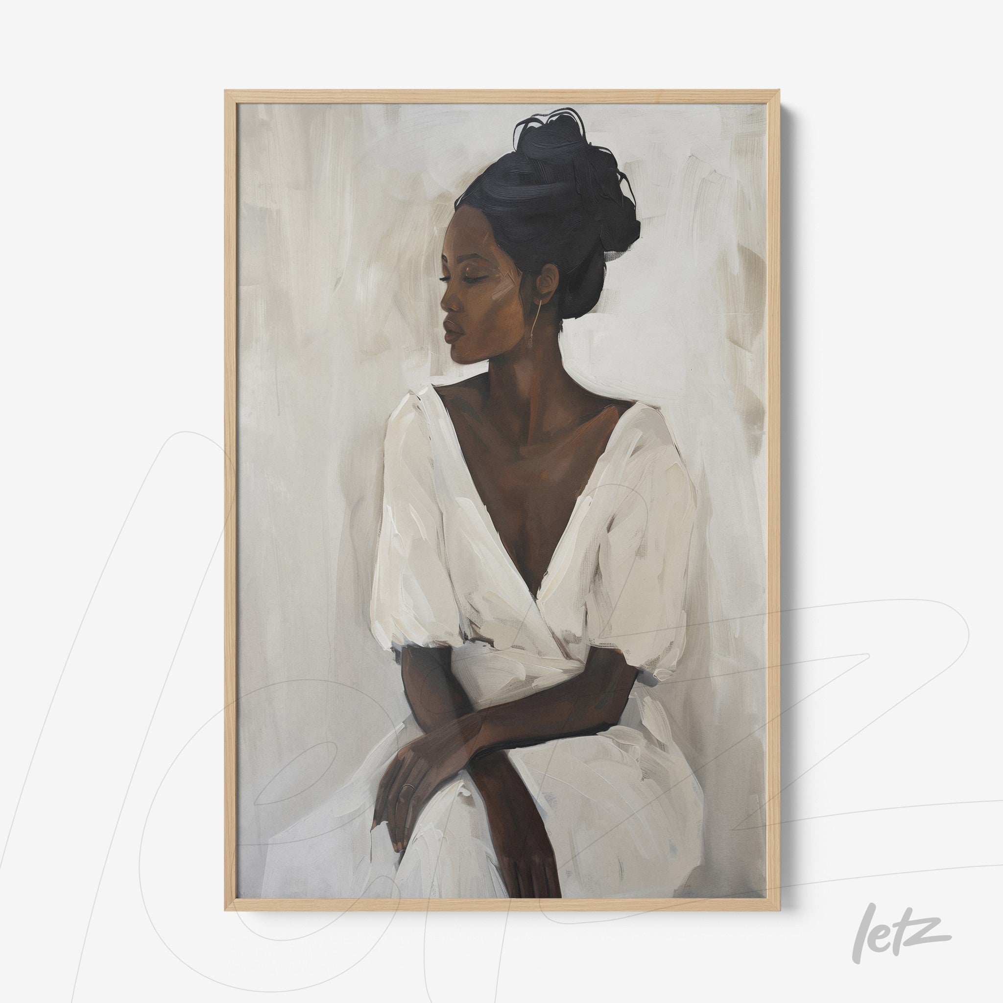 framed artwork of a black woman in a white dress against a light background with a light wood frame