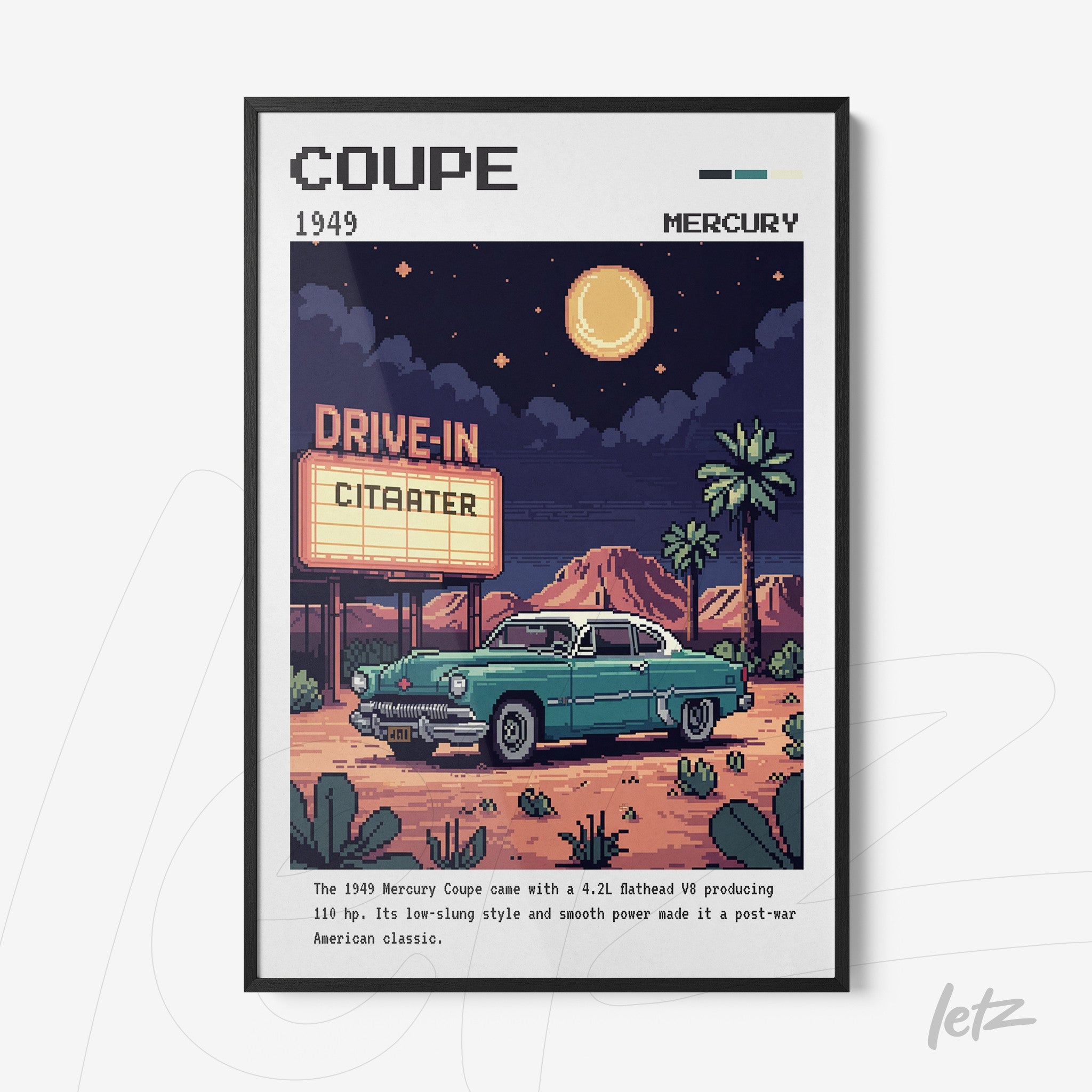 retro style framed art featuring a 1949 mercury coupe at a nighttime drive-in scene with a starry sky and full moon