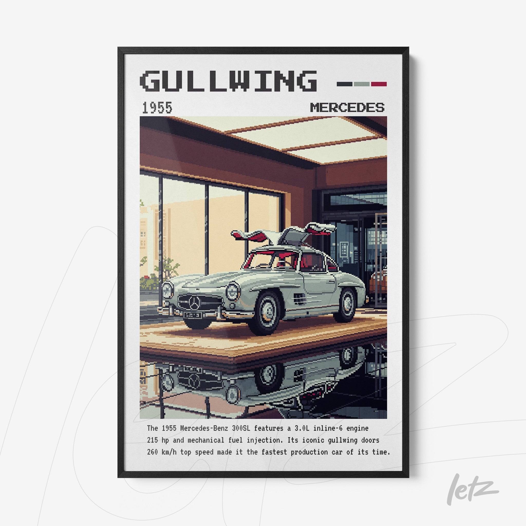 framed digital art of the 1955 Mercedes Gullwing car in black frame, displayed in a modern glass setting