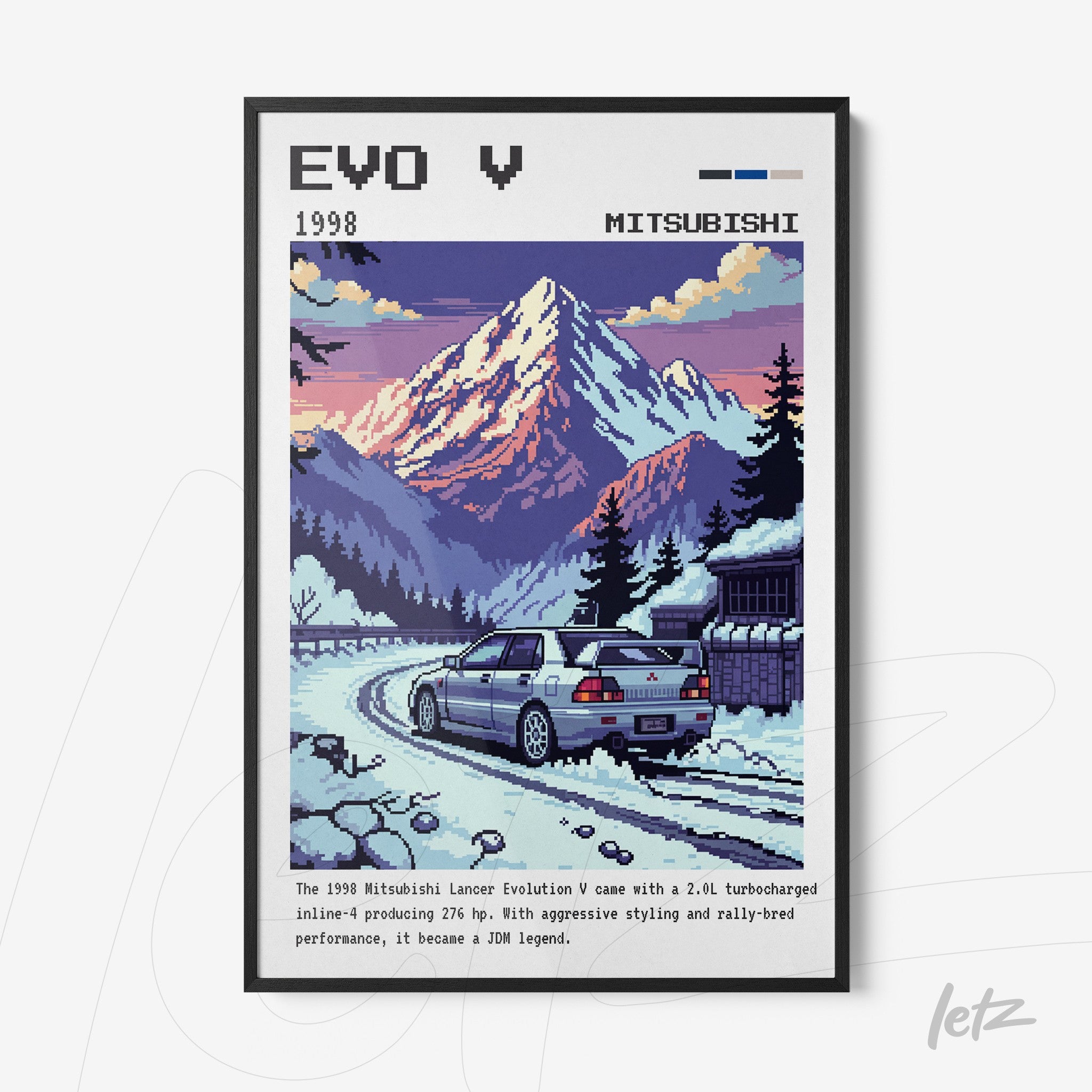 pixel art wall decoration featuring a Mitsubishi Lancer Evolution V on a mountain road with scenic mountains in the background