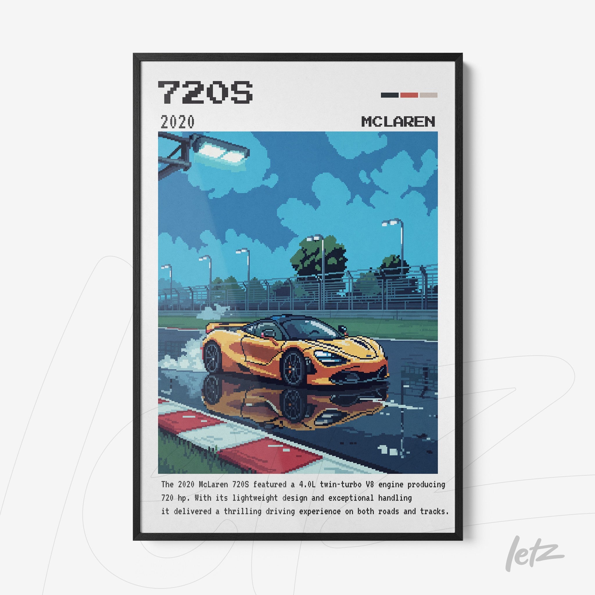 framed wall art featuring a digital illustration of the McLaren 720S on a racetrack with water reflections