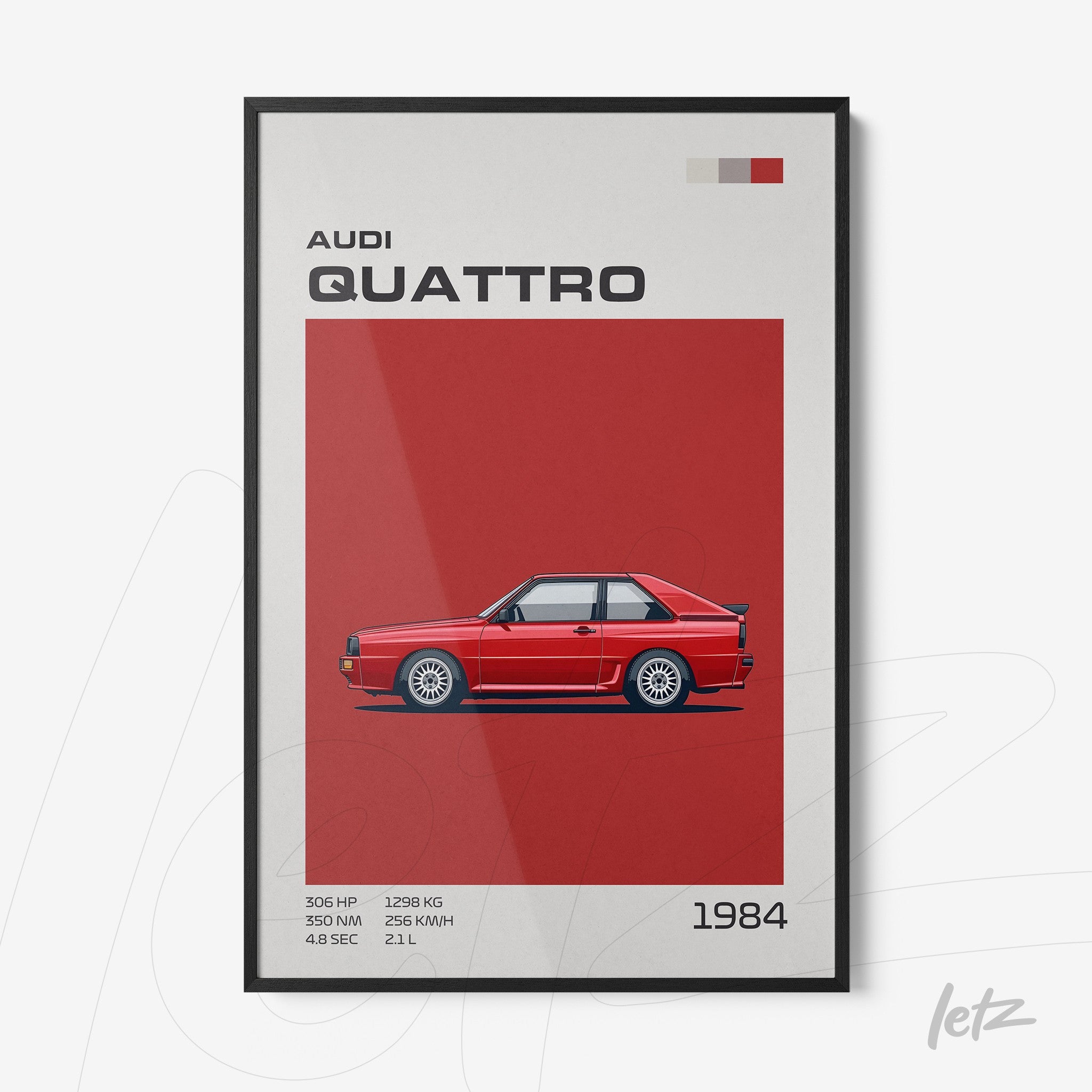 framed wall art featuring an illustration of the Audi Quattro car on a red background with a black frame
