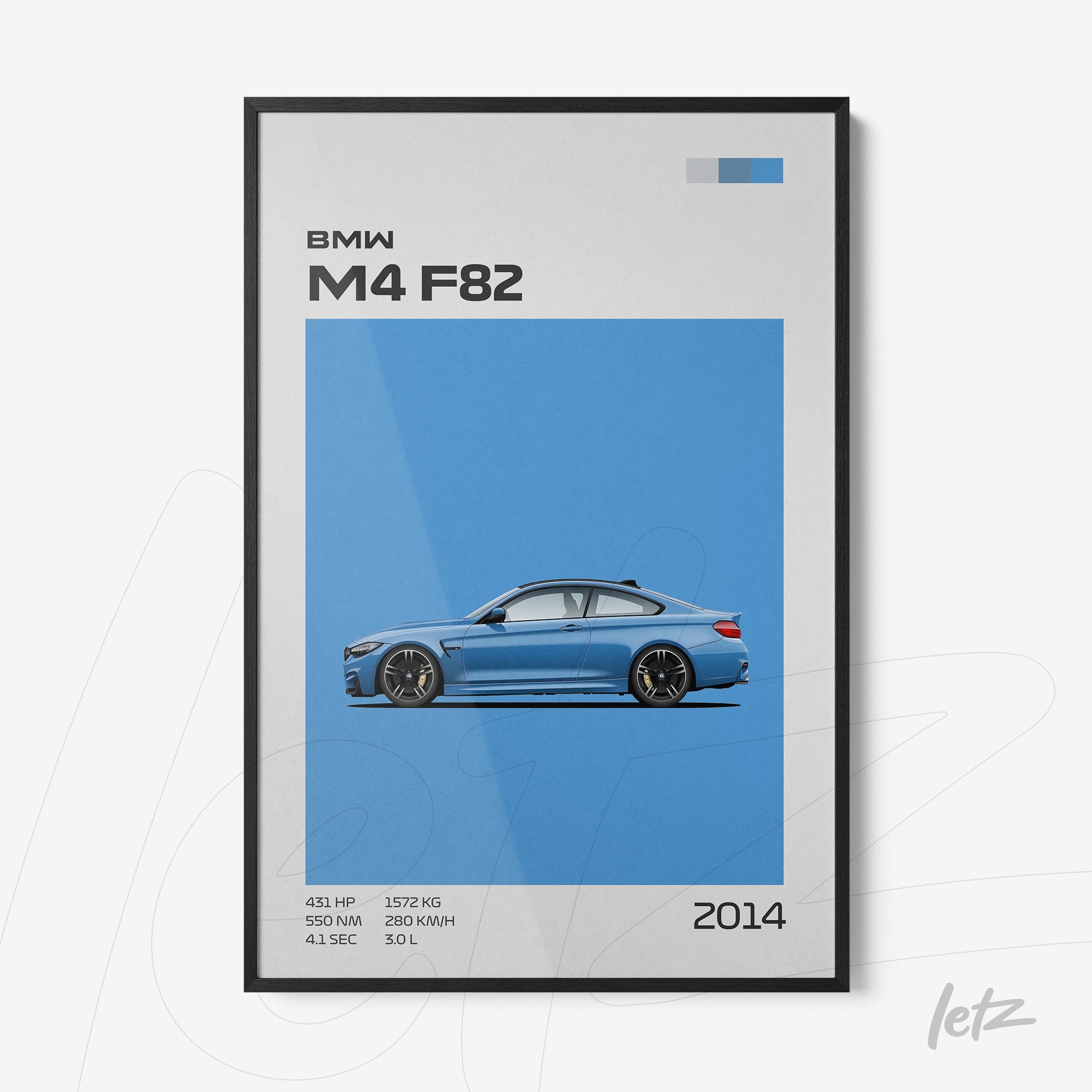 graphic art frame of BMW M4 F82 car against blue background with black frame