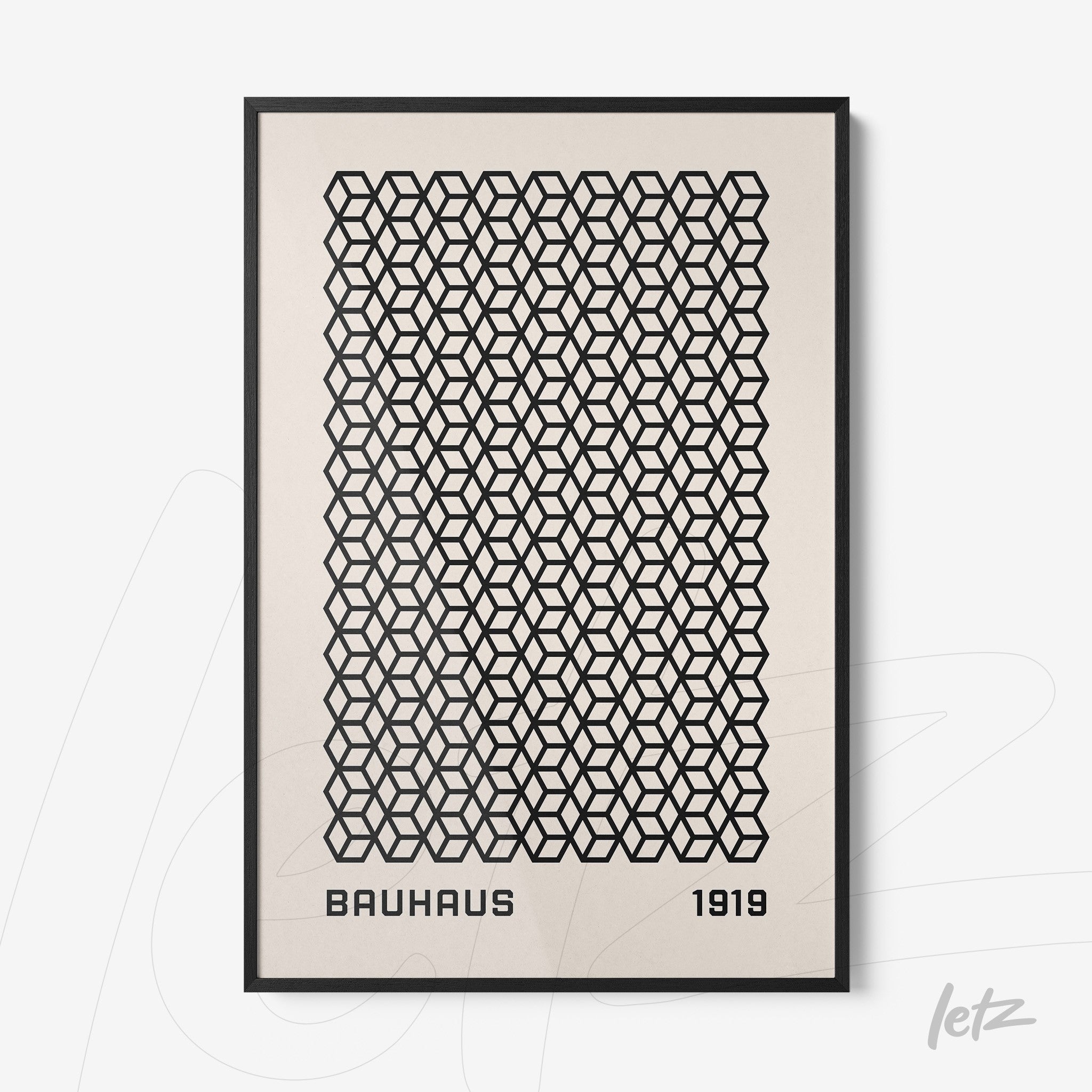 poster print featuring black geometric pattern on white background with text 'bauhaus 1919' in thin black frame