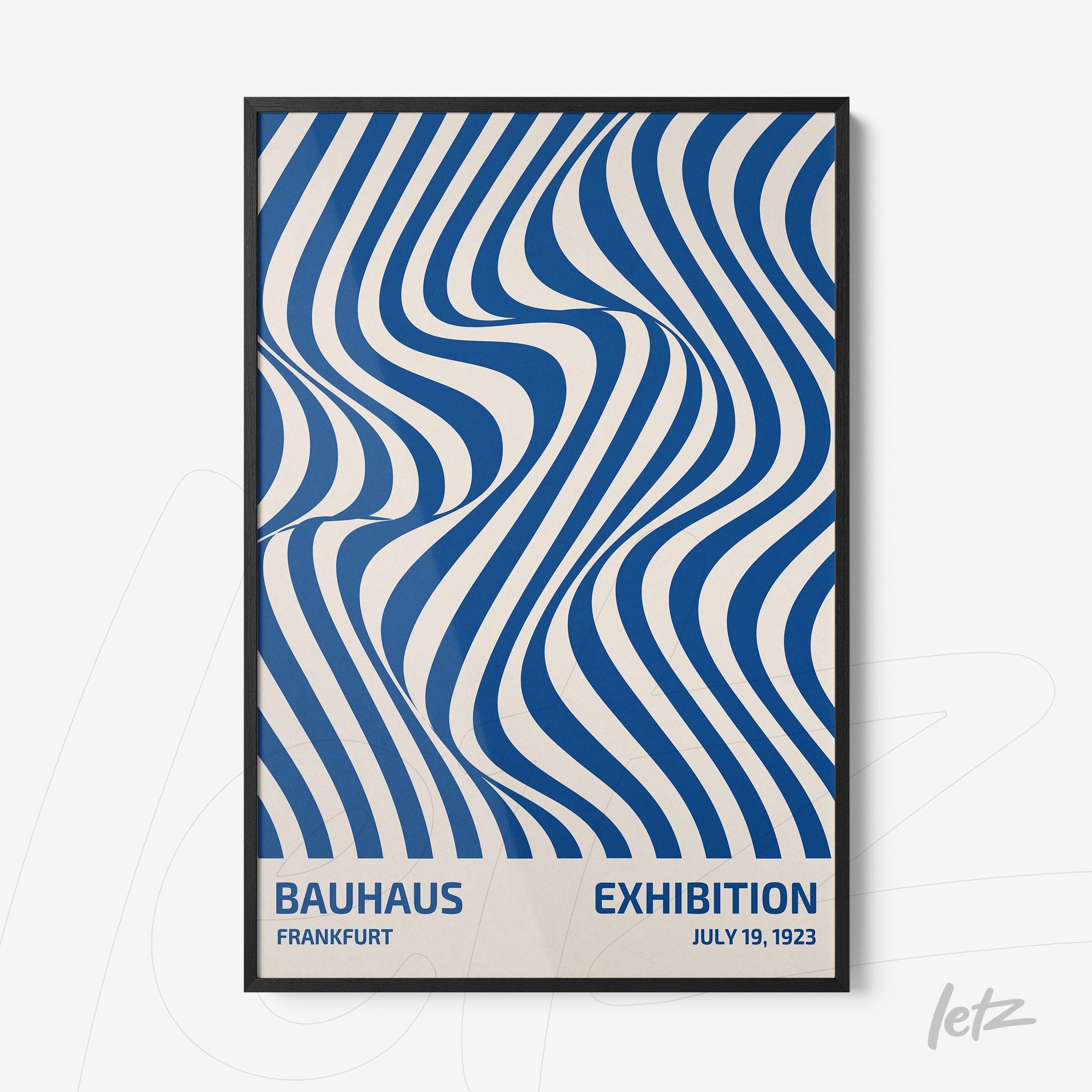 poster with abstract blue and white wave design and text about Bauhaus exhibition in black frame