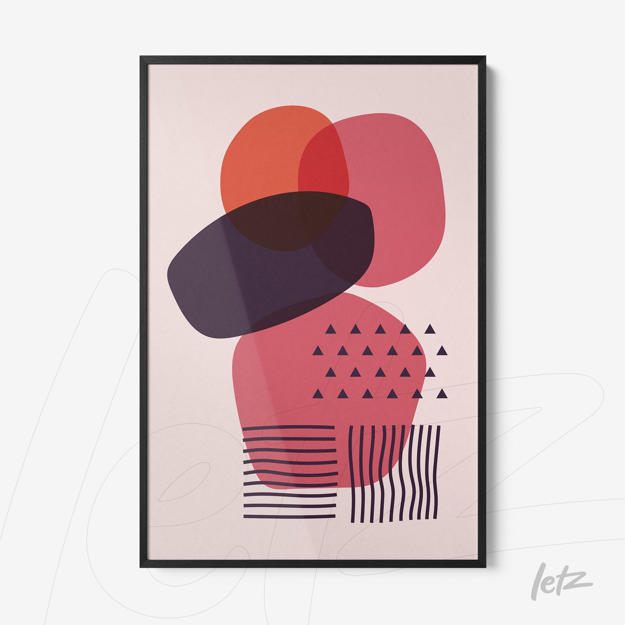 abstract geometric art poster with colorful shapes in black frame
