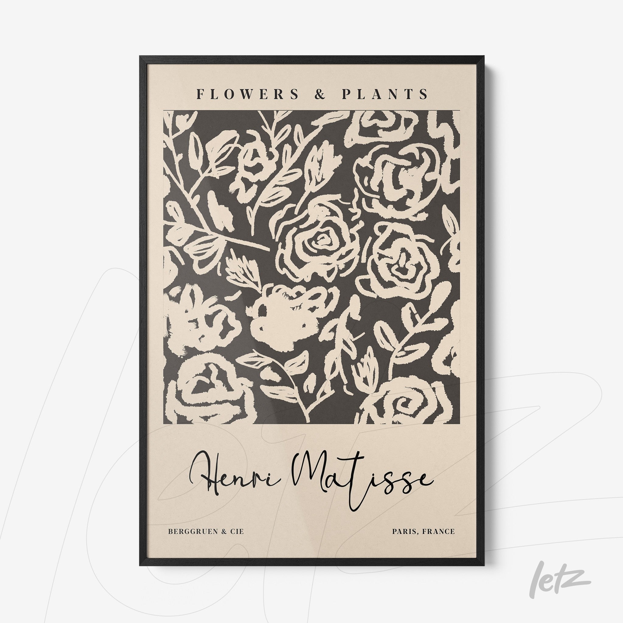 decorative wall art featuring stylized flower patterns on a dark background, black frame with prominent text 'Henri Matisse'