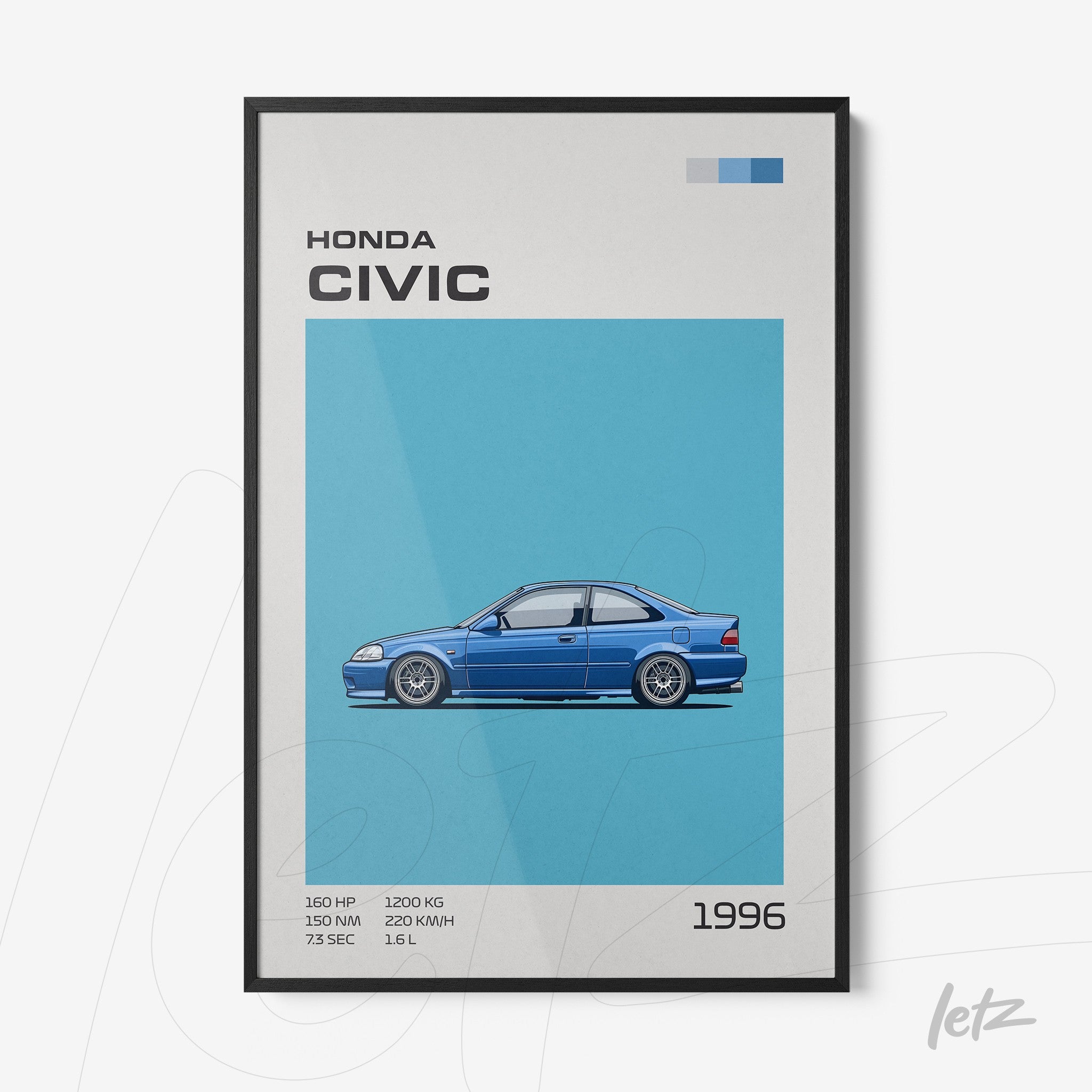framed artwork featuring a stylized illustration of the 1996 Honda Civic on a light blue background with a black frame