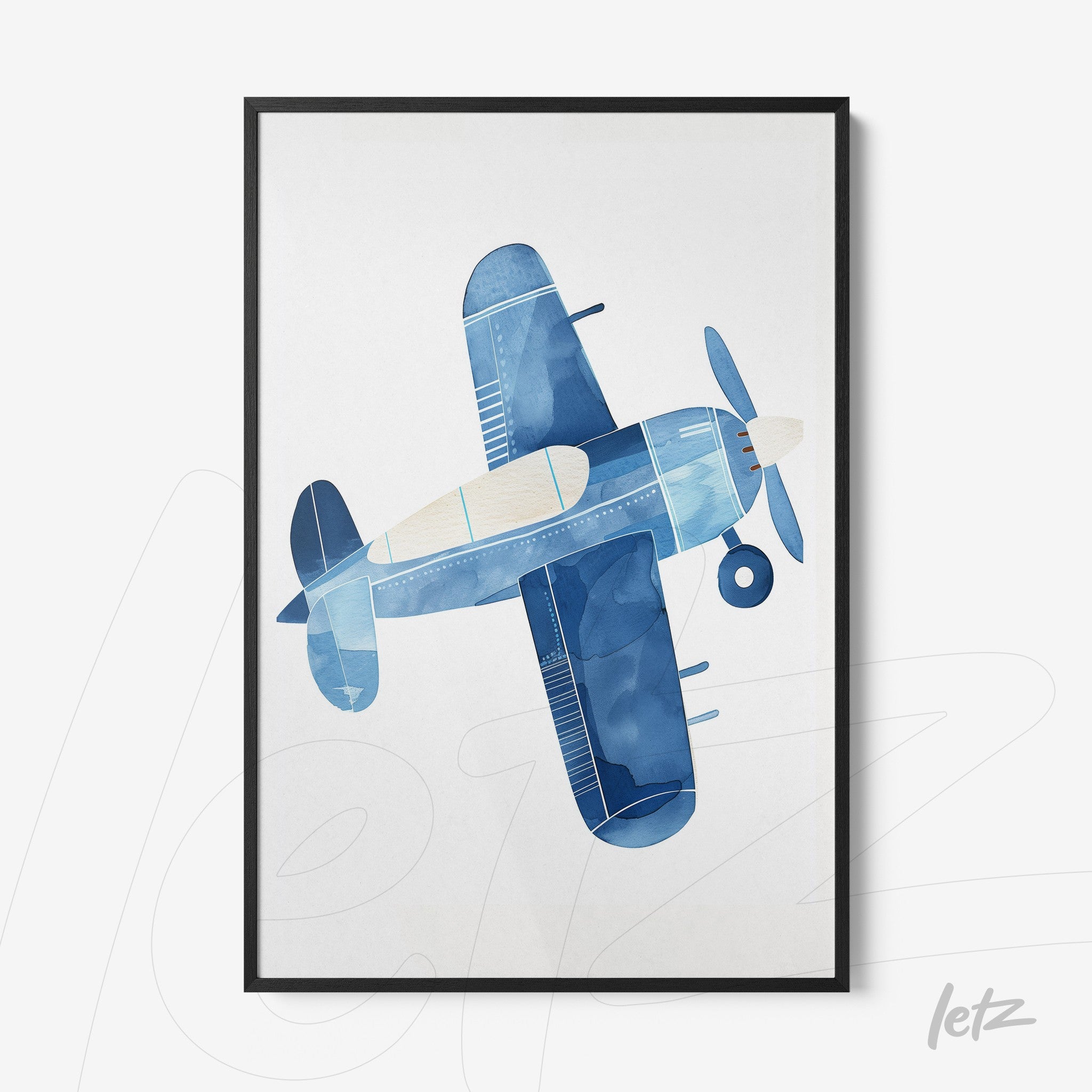 framed wall art featuring a blue airplane illustration with black frame