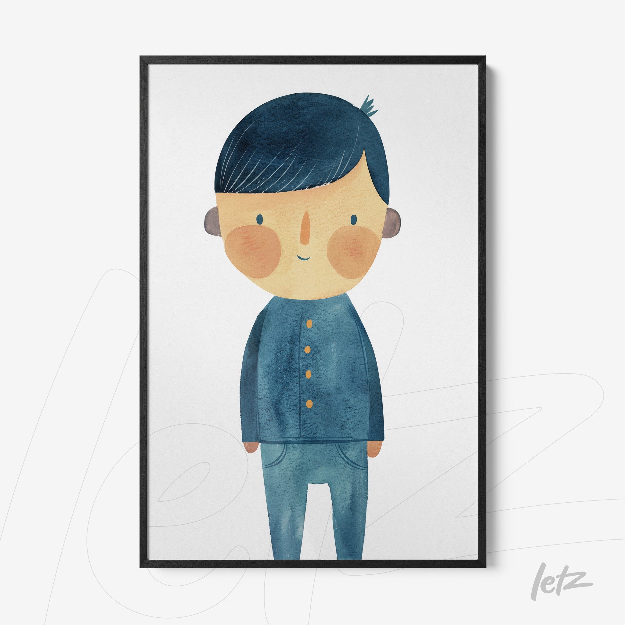 framed wall art featuring a children's illustration of a boy with blue hair and blue outfit