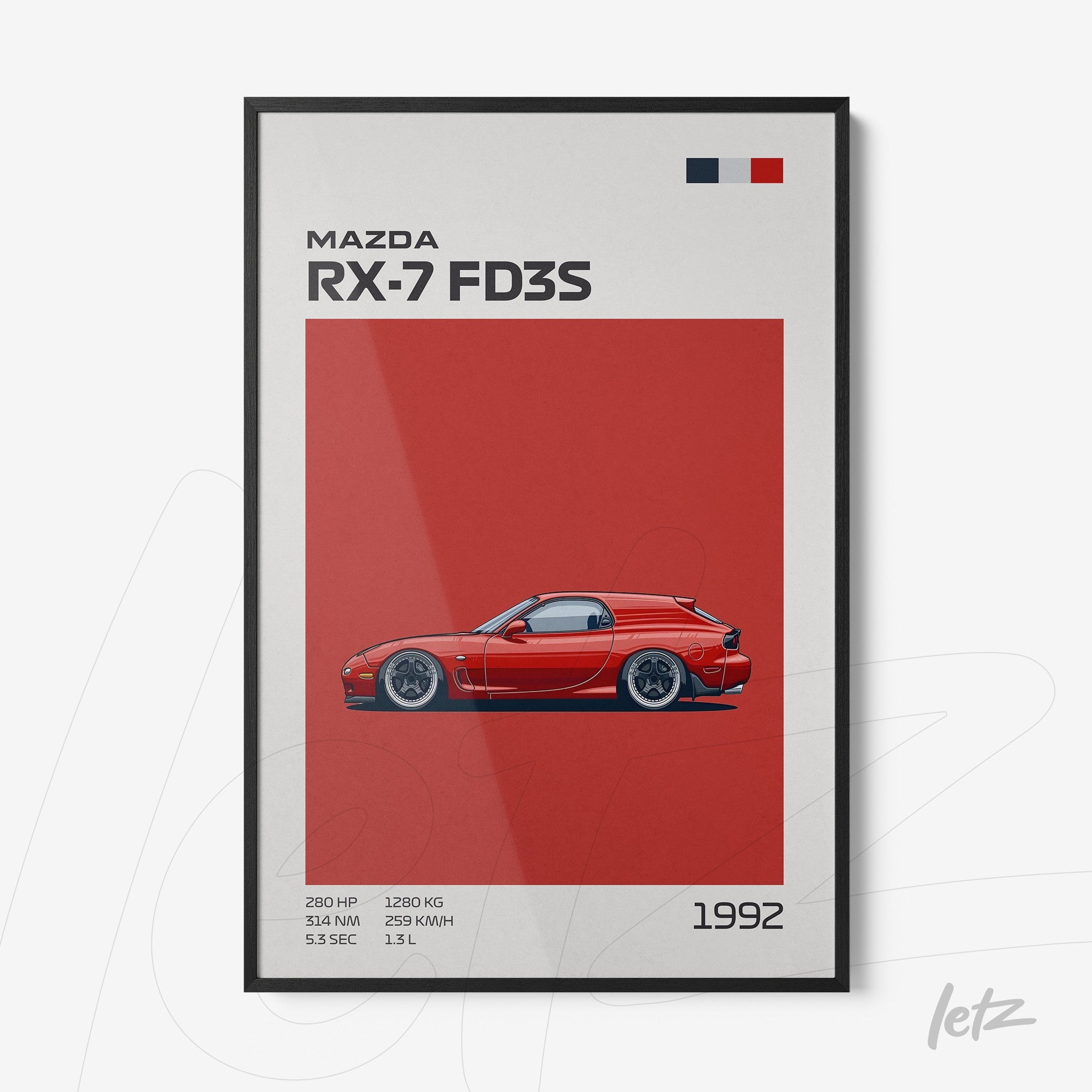 framed wall art featuring an illustration of the Mazda RX-7 FD3S on a red background with black frame, including technical details and year 1992