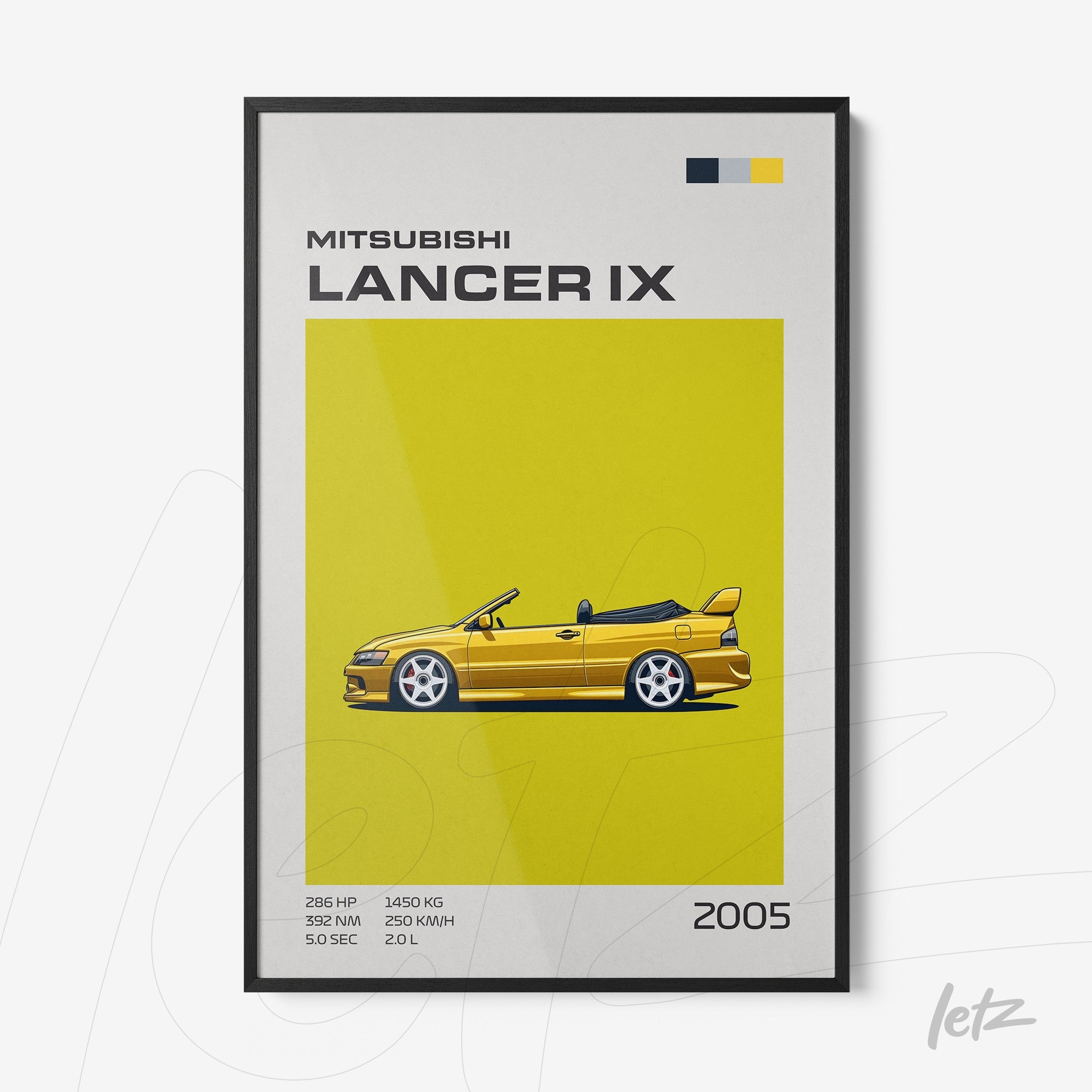framed artwork featuring an illustration of a Mitsubishi Lancer IX on a vibrant yellow background with a black frame