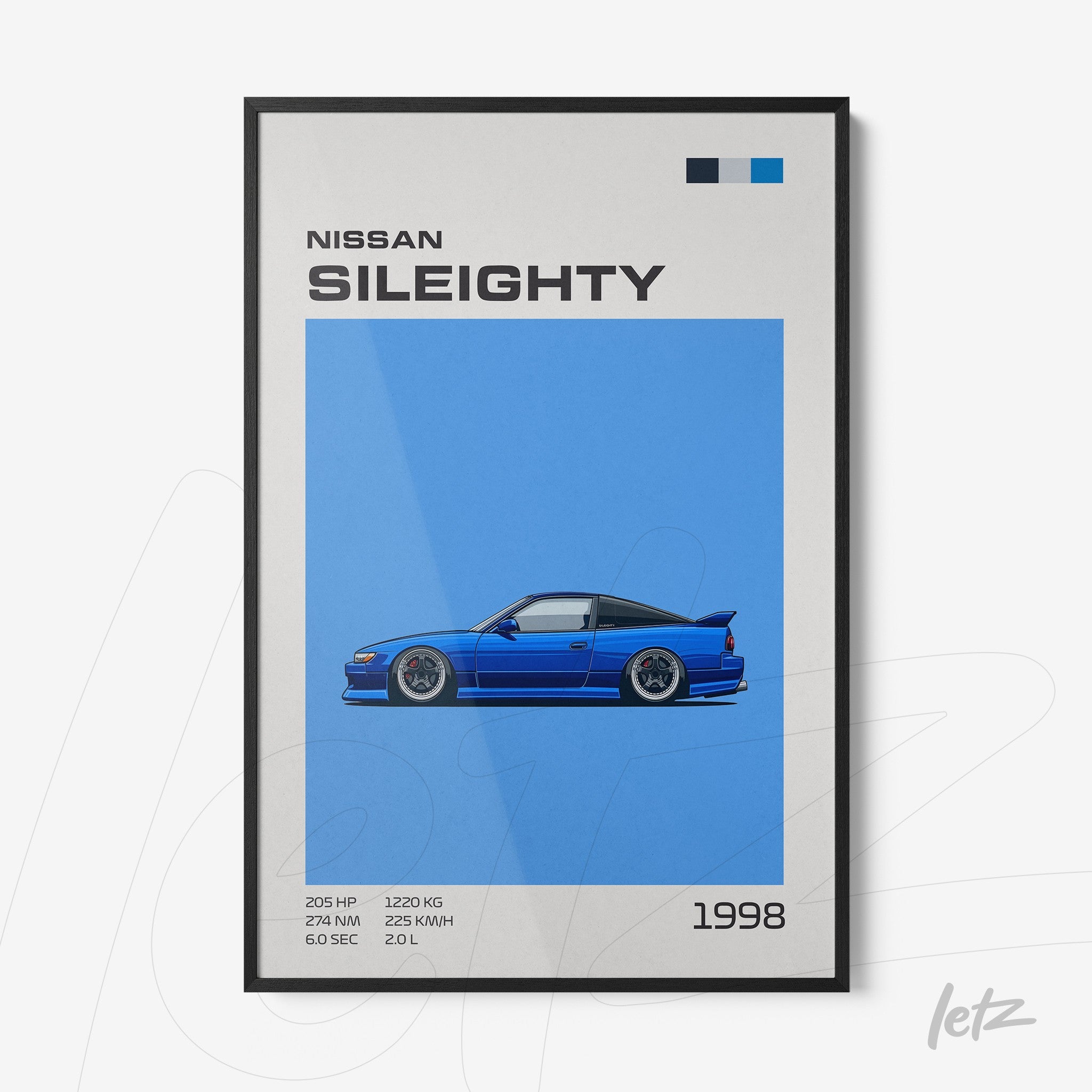 framed wall art featuring a digital illustration of a Nissan Sil80 on a blue background with white accents