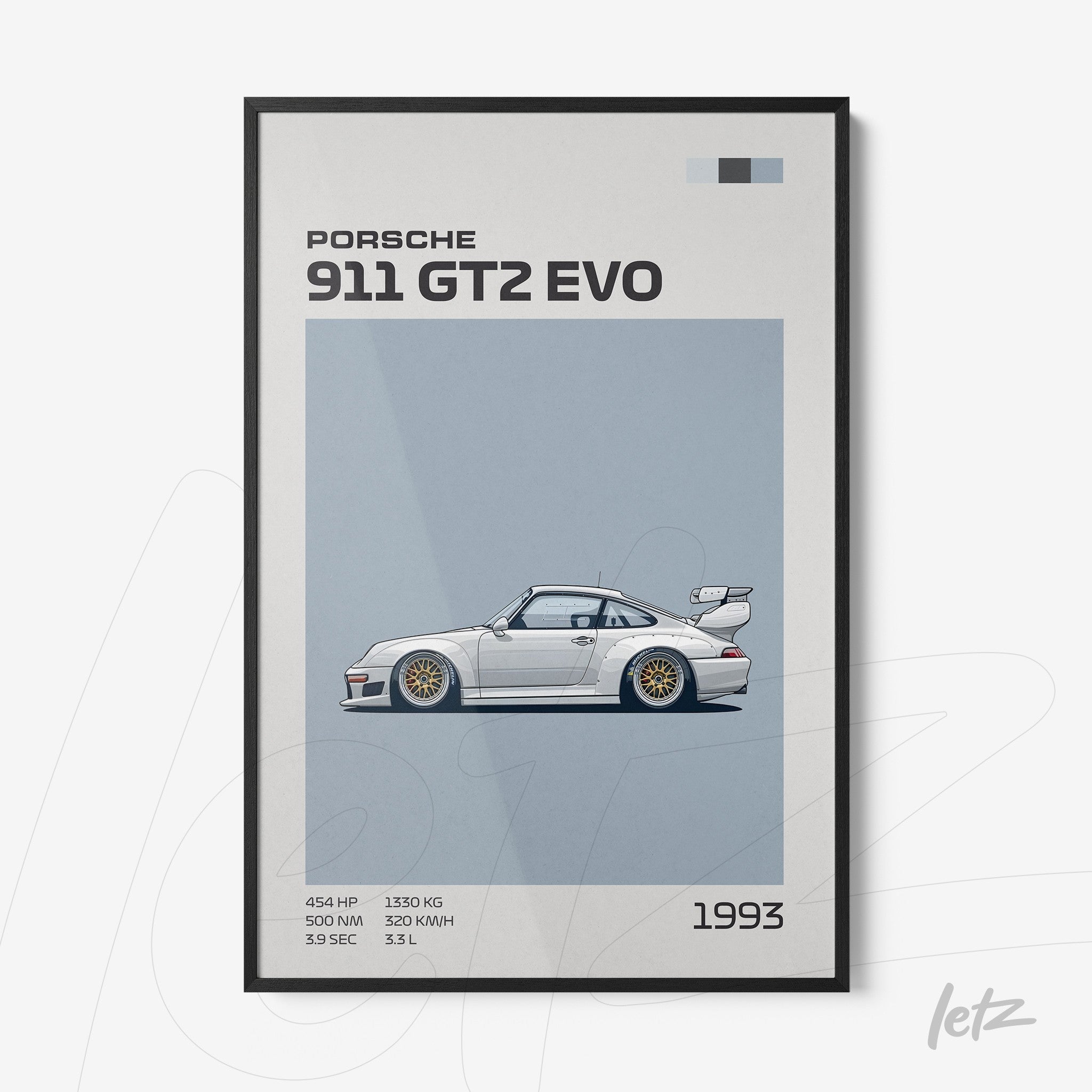 framed wall art featuring a digital illustration of the 1993 Porsche 911 GT2 Evo in a black frame