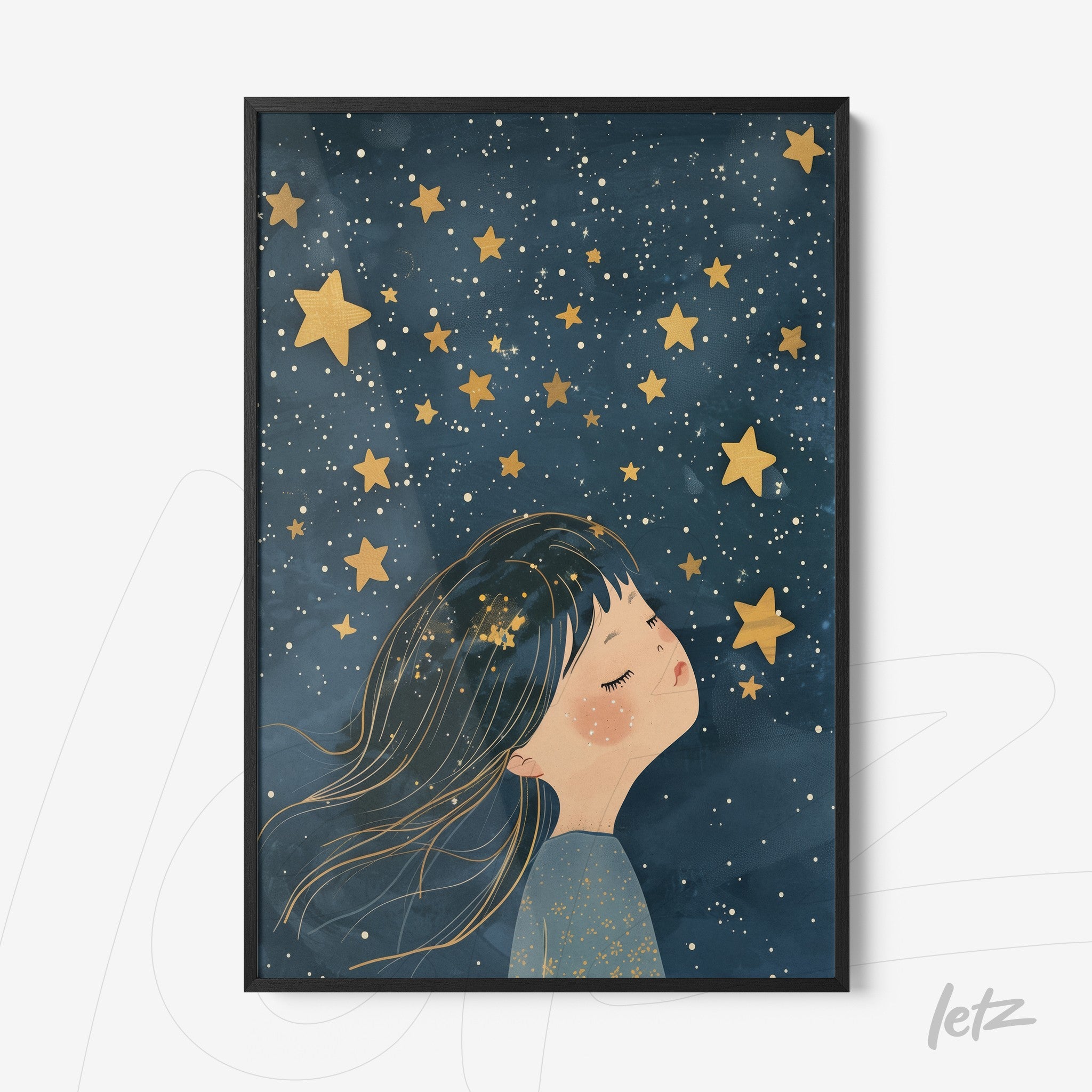 framed wall art of a dreamy girl under a starry sky with black frame