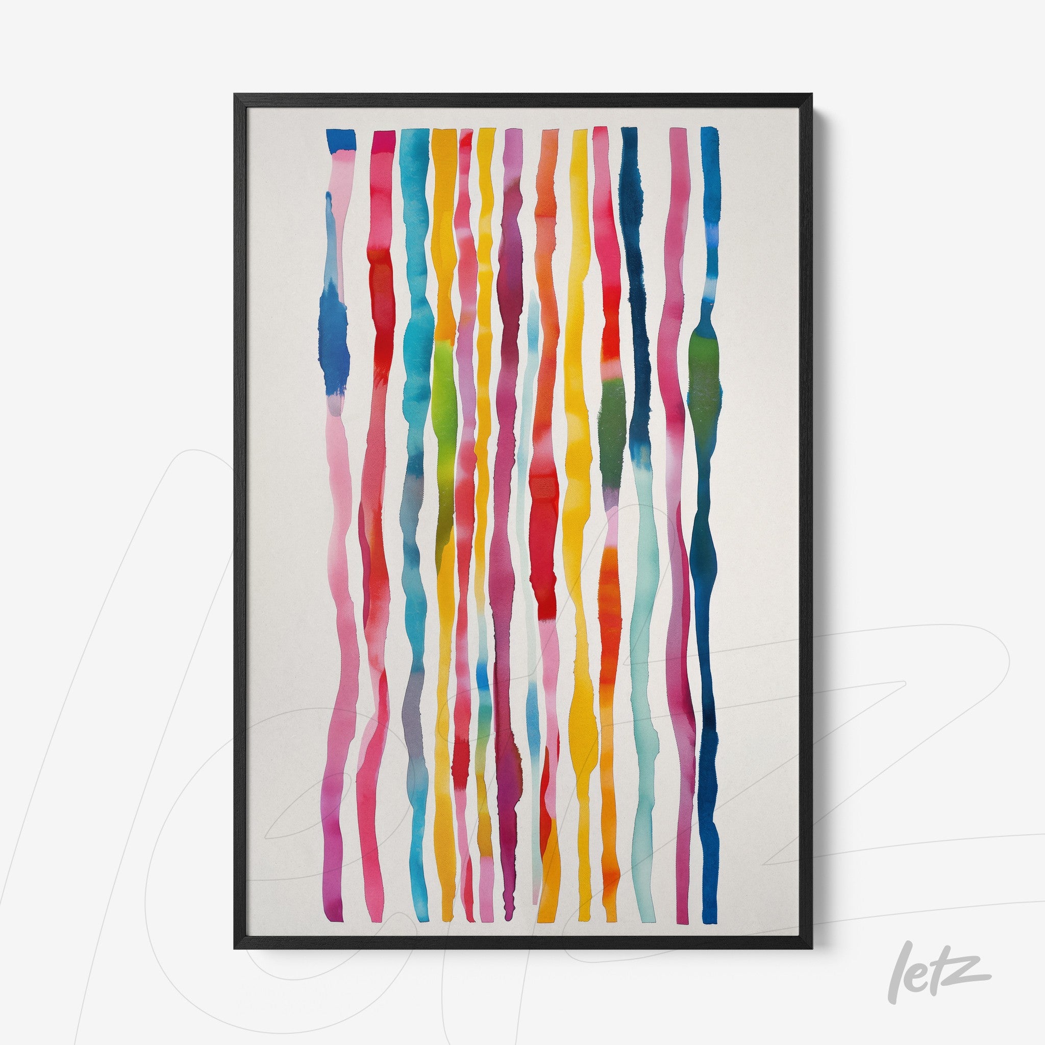 framed wall art featuring abstract colorful brush strokes with a black frame