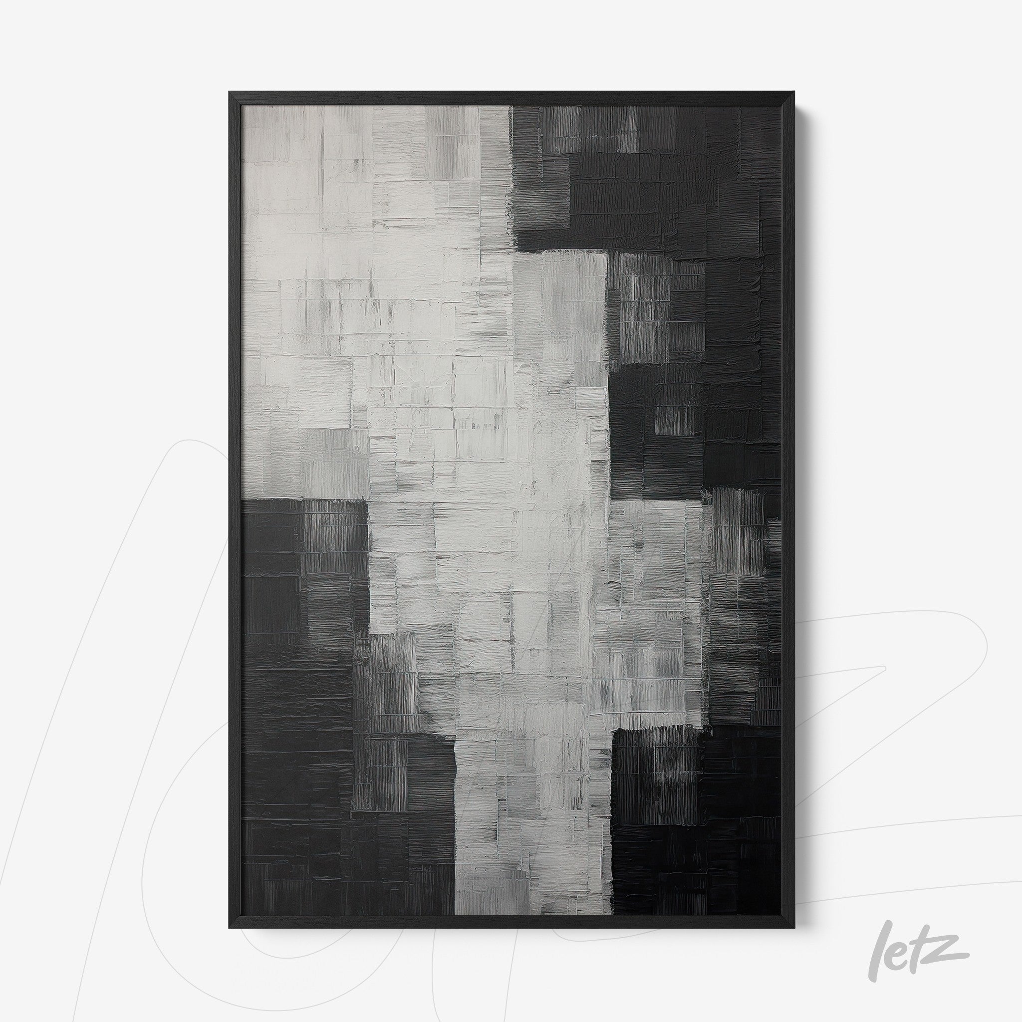 abstract artwork in shades of black and gray with textured brush strokes in a black frame
