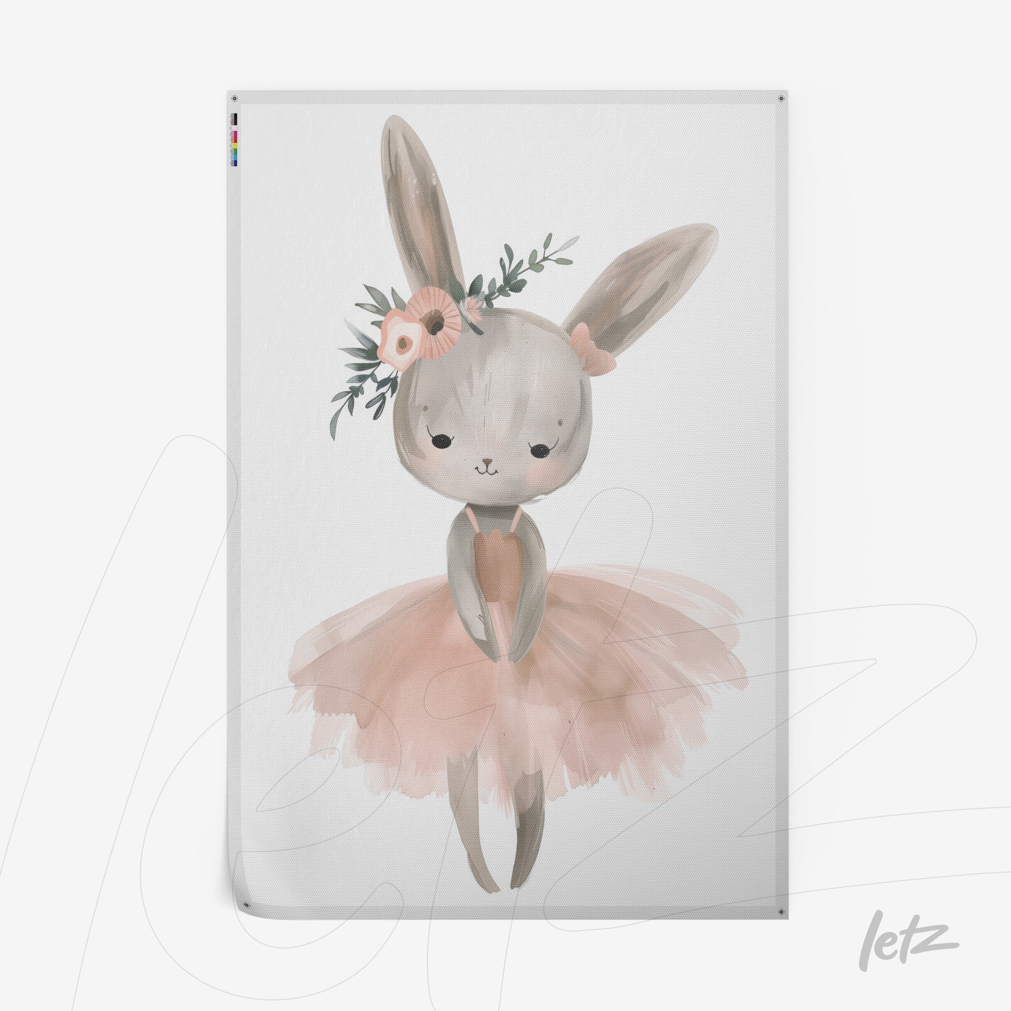 charming illustration of a bunny in a pink tutu and floral crown
