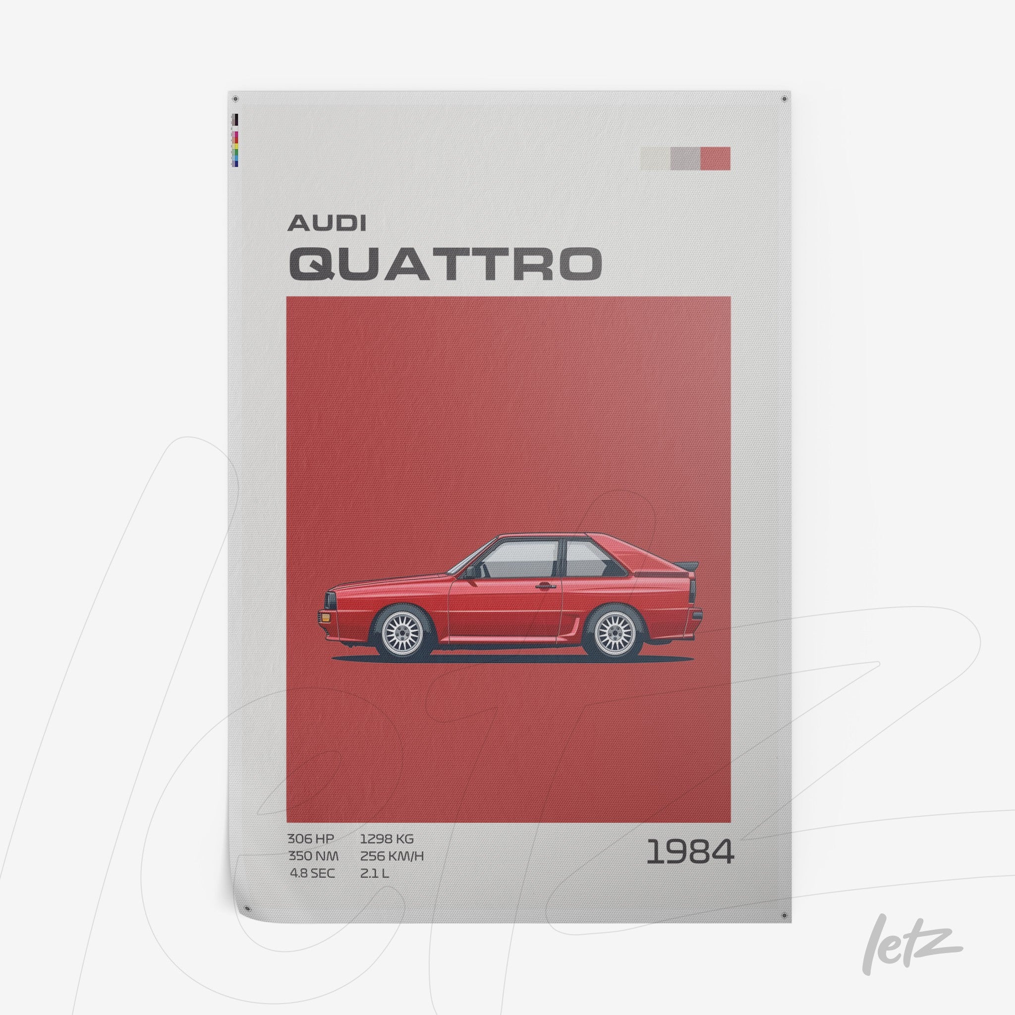 framed artwork featuring the Audi Quattro car illustration on a red background with detailed model information