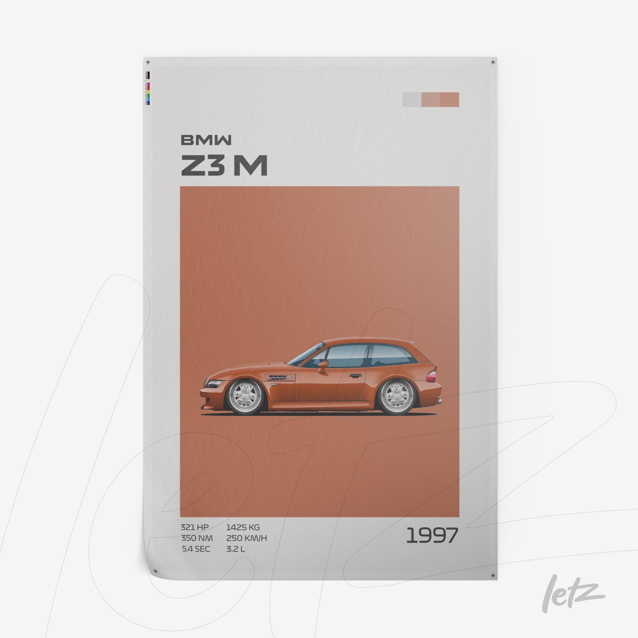 illustration of BMW Z3M car in orange background with gray accents