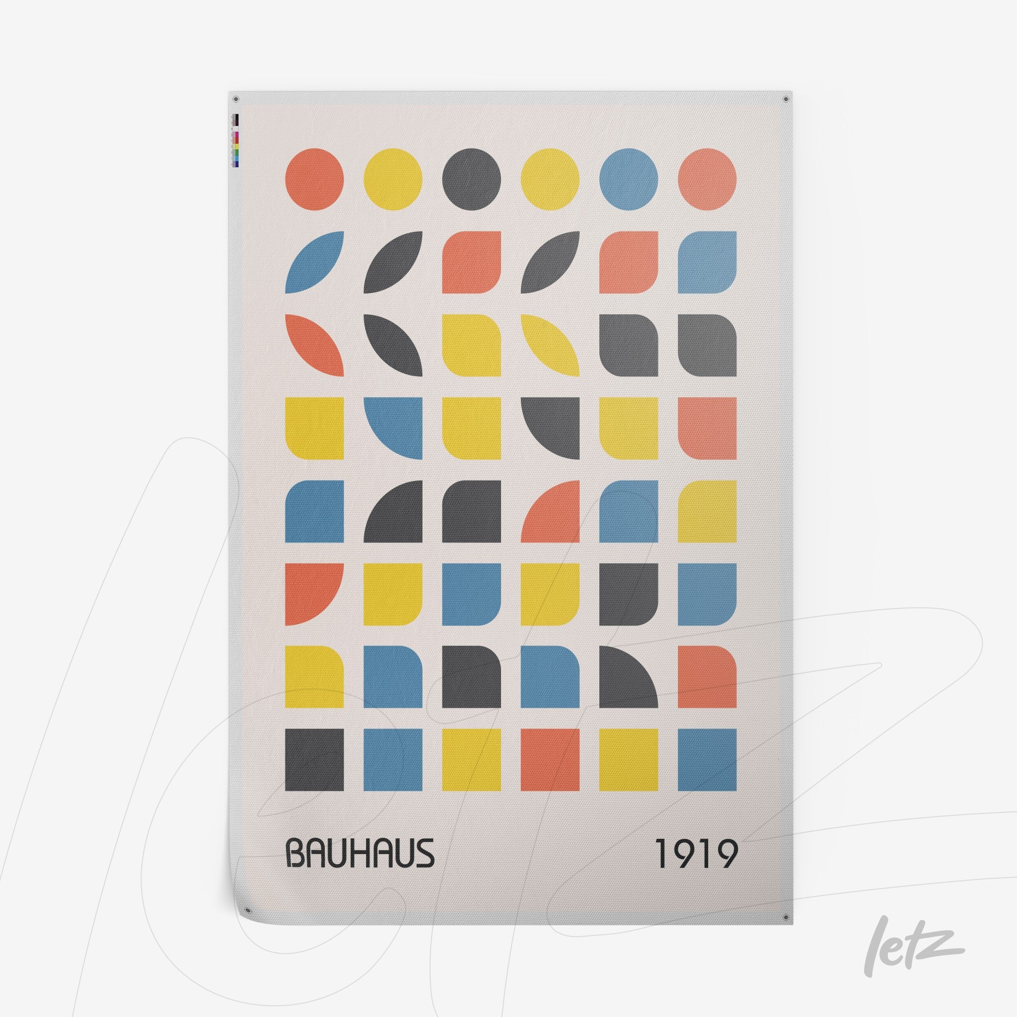 poster print with geometric Bauhaus-inspired art featuring abstract shapes in yellow, red, blue, and black on a light background