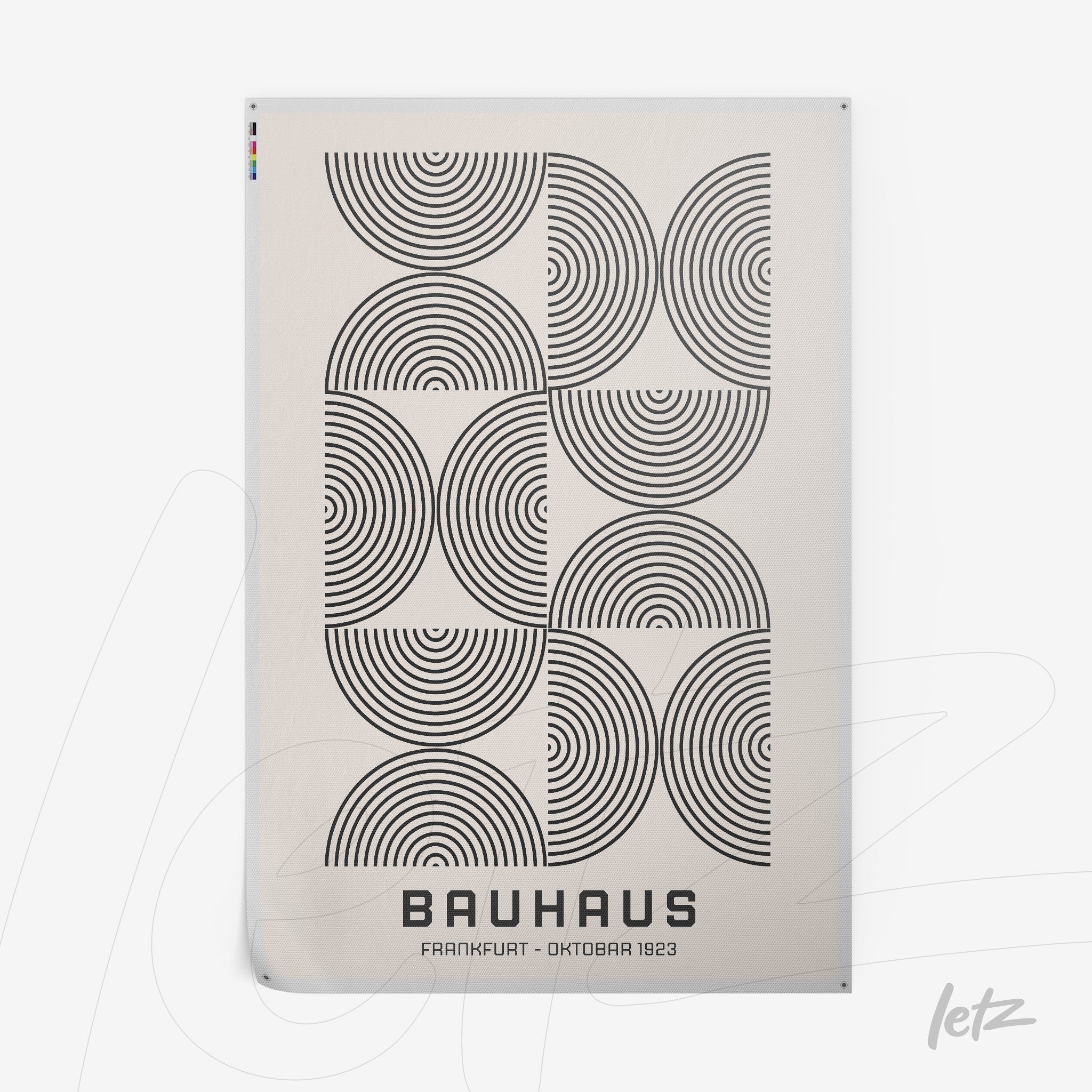 poster print featuring geometric design of black circles on white background, Bauhaus style, with text 'Frankfurt - Oktober 1923' in bold letters