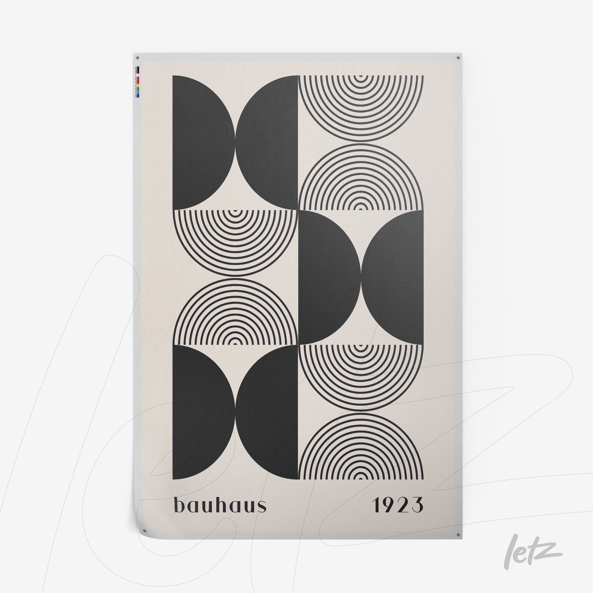 poster featuring bauhaus geometric art in black and beige with circles and curved shapes