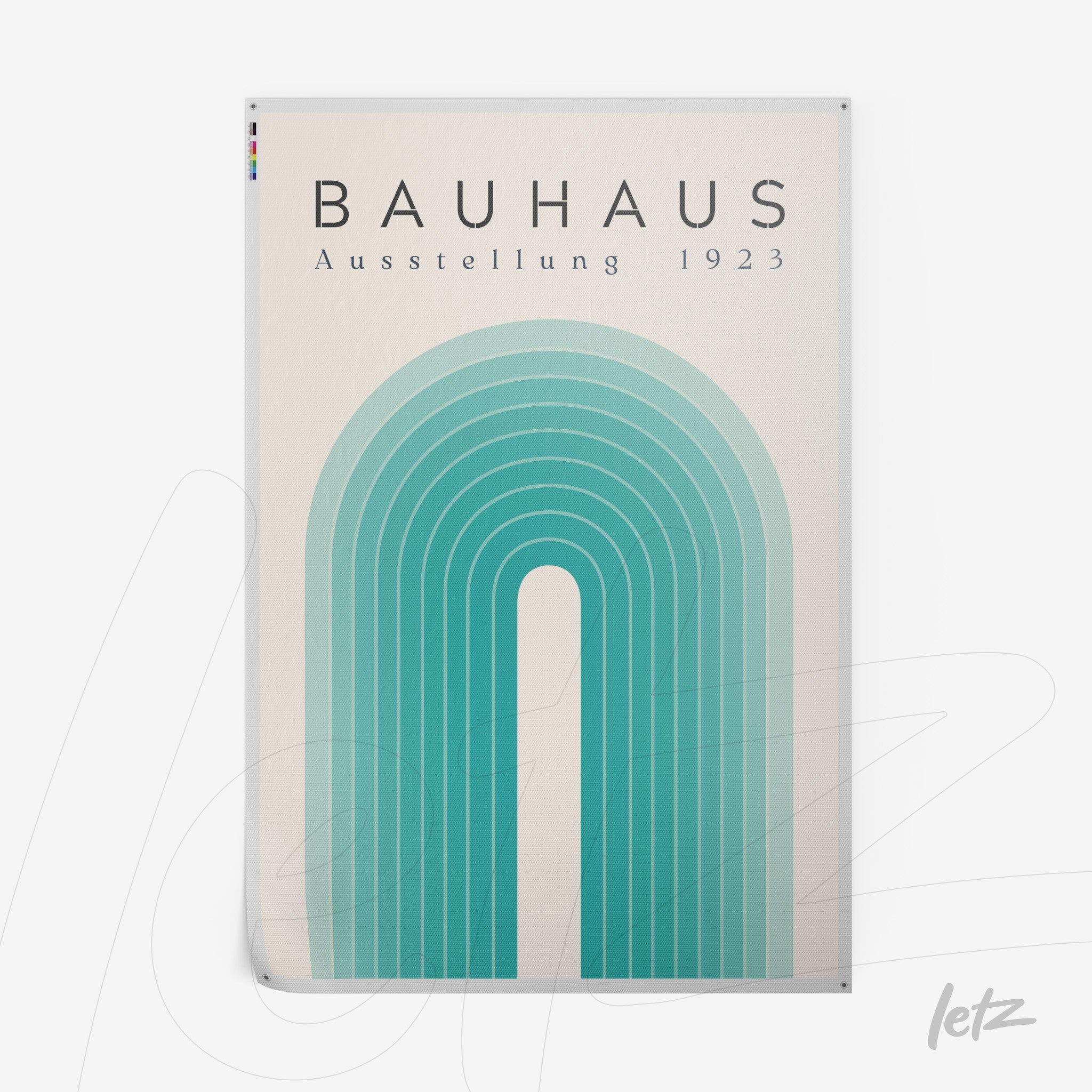 poster featuring bauhaus style geometric art with blue concentric arches and text 'bauhaus ausstellung 1923' at the top