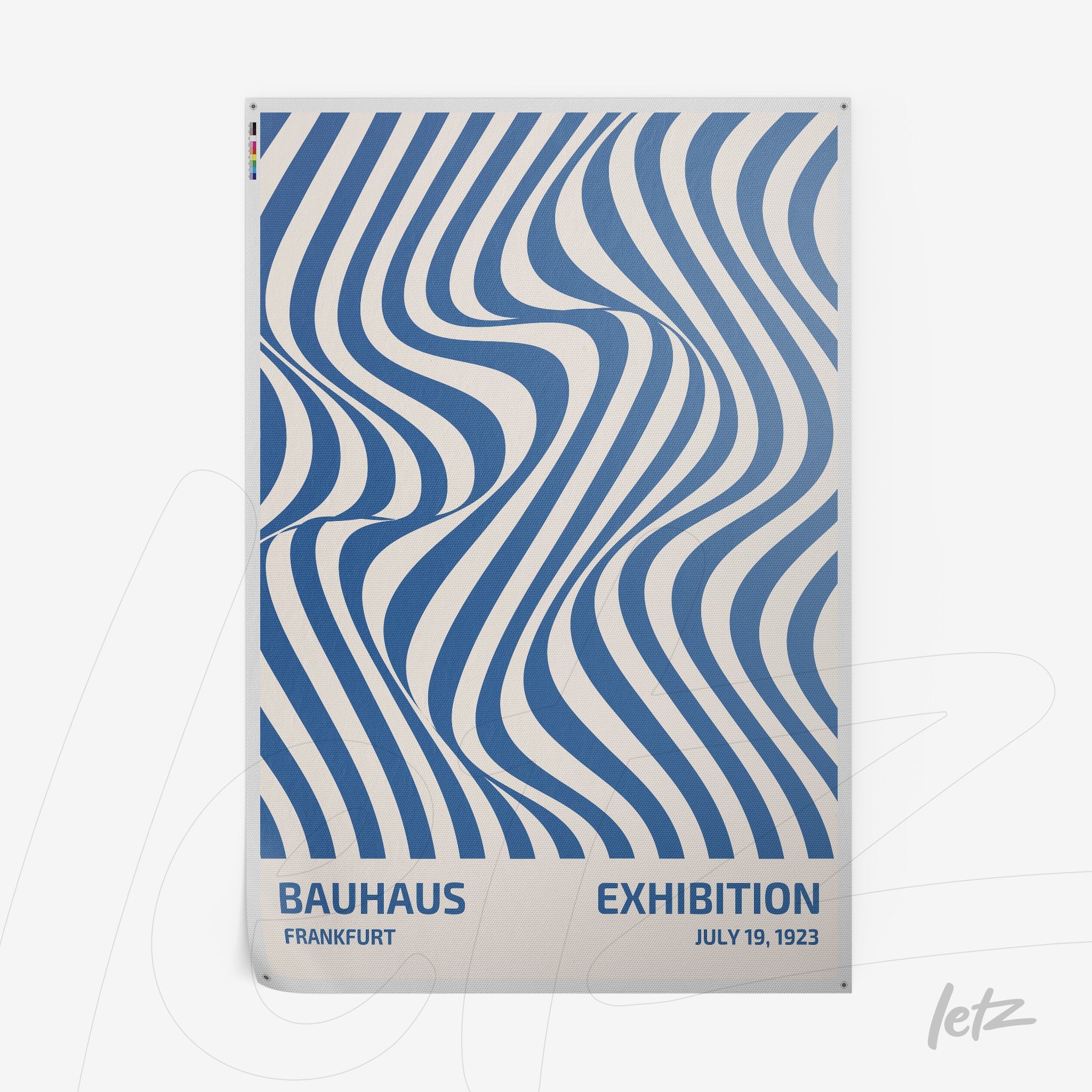 poster featuring geometric blue and white design from the Bauhaus movement