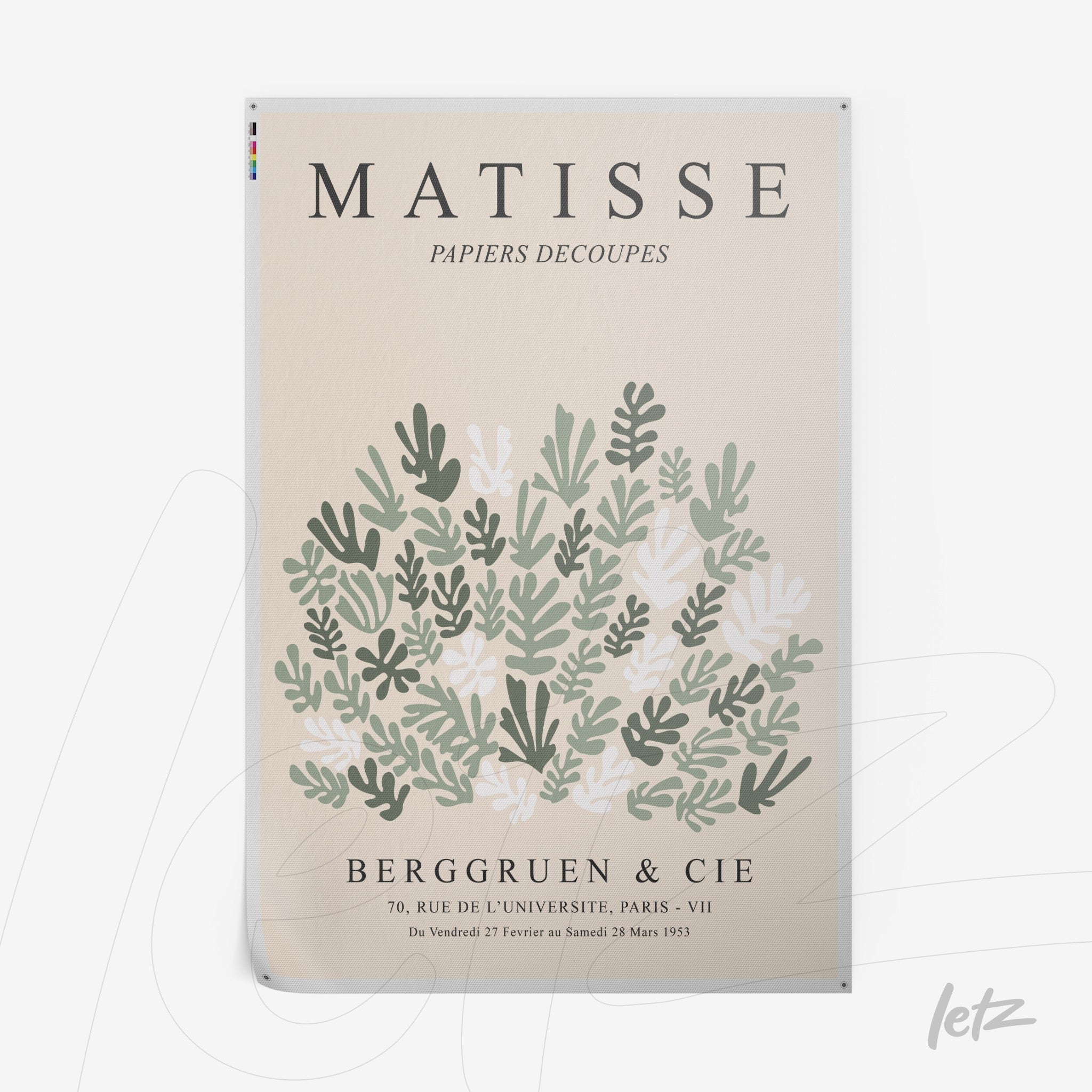 art print featuring botanical design in shades of green and cream with a white frame and light background
