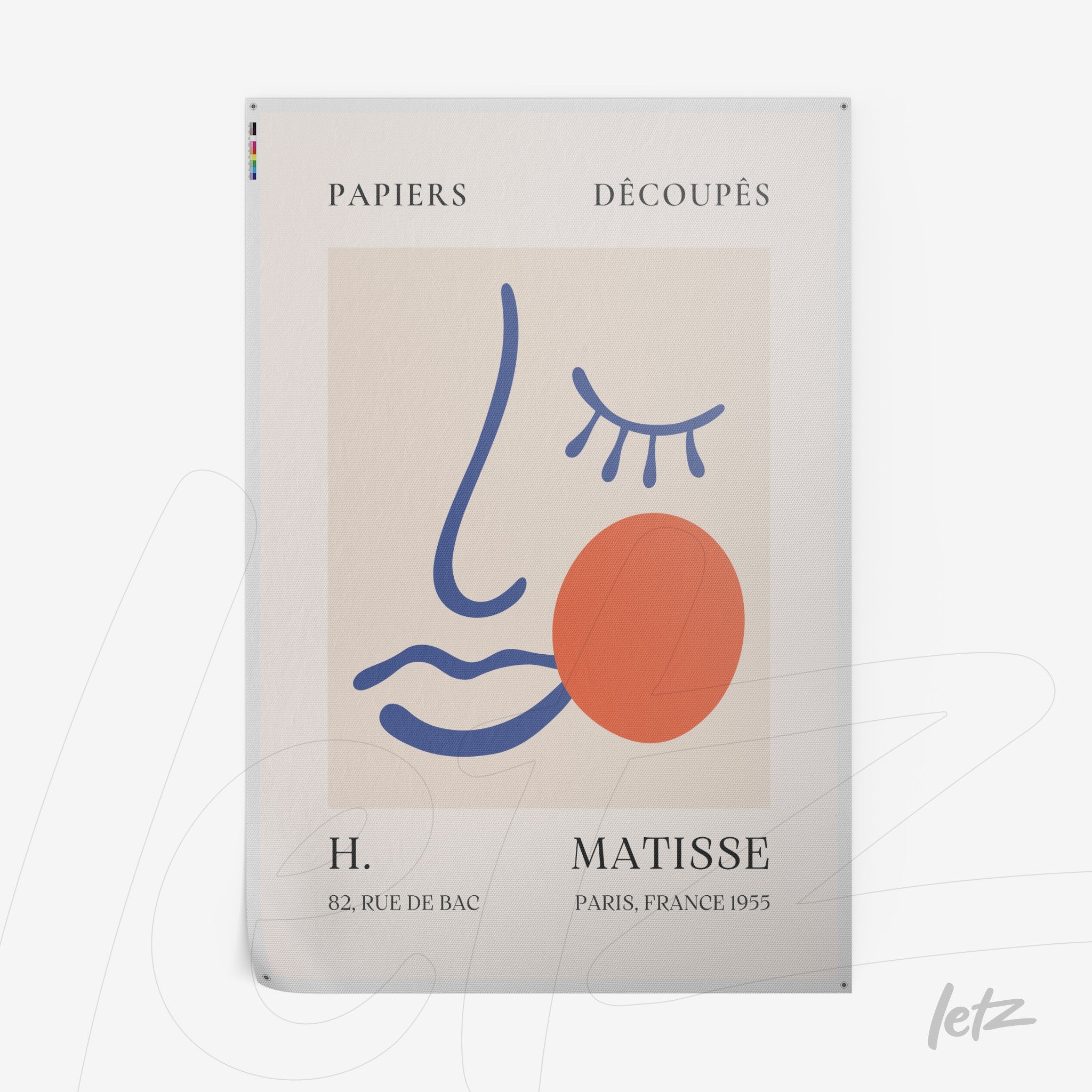 framed modern art by H. Matisse featuring a minimalist face design with colorful shapes on a light background