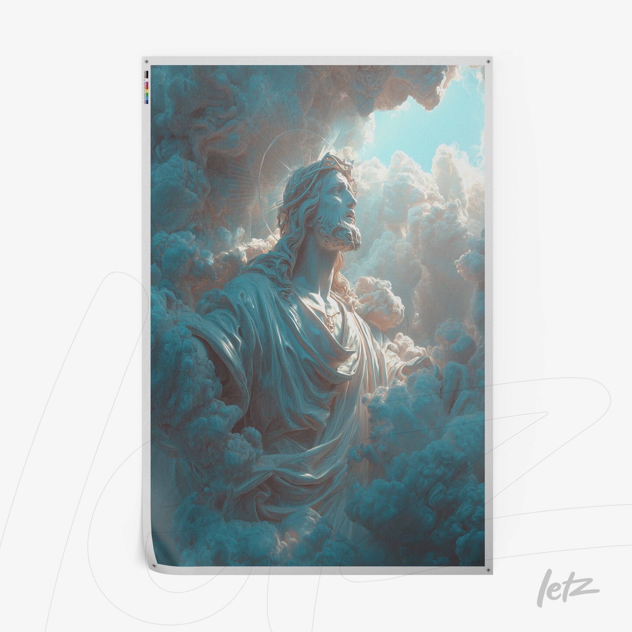 image of Jesus emerging from fluffy clouds with a serene expression in a palette of blues and whites