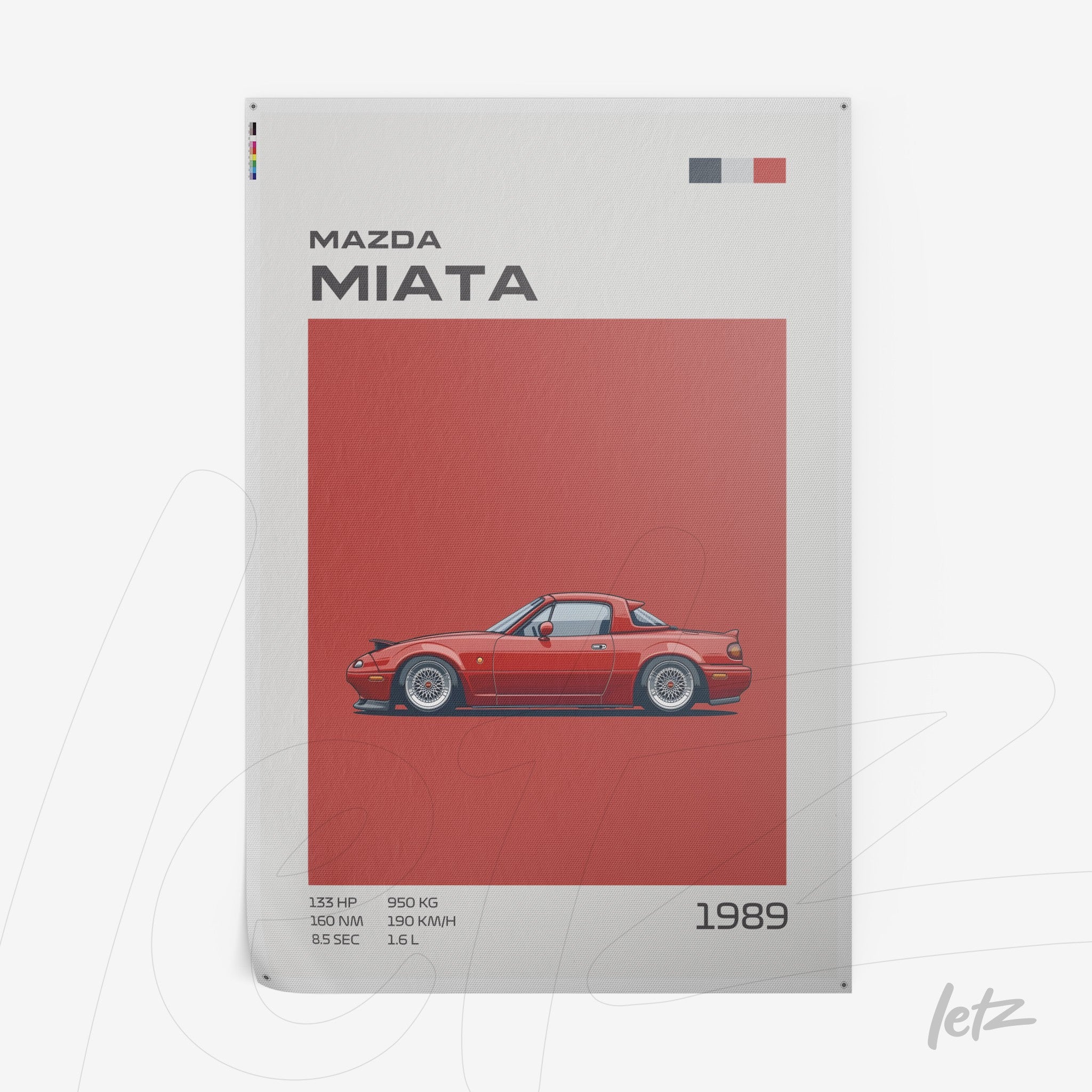 framed art print featuring 1989 Mazda Miata sports car illustration on red background