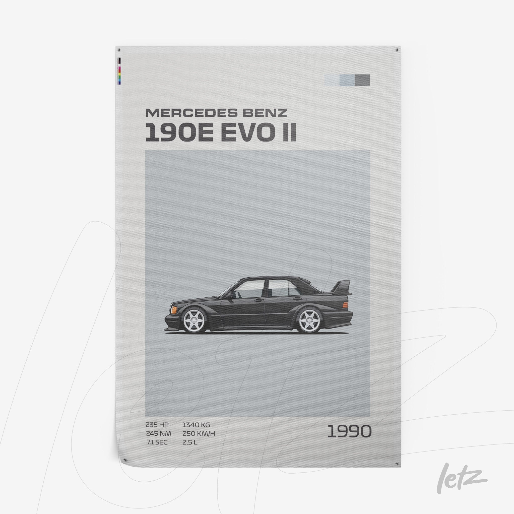 framed art featuring an illustration of a Mercedes Benz 190E EVO II on gray background with technical details beside