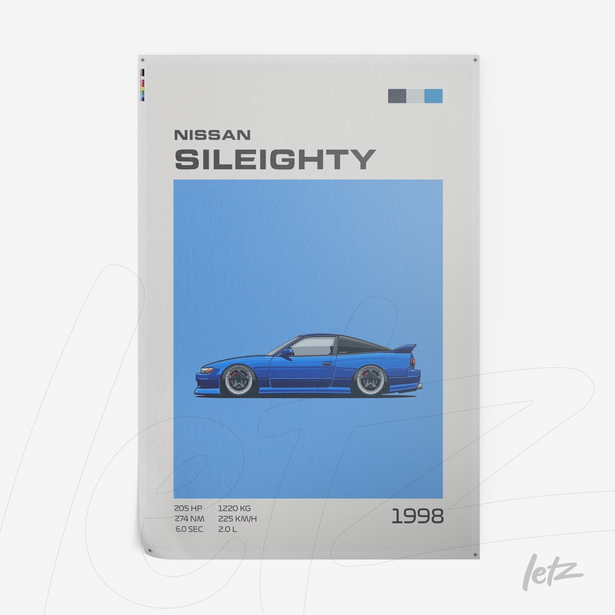 digital art featuring a Nissan Sileighty illustration on a blue background, with specifications and year 1998