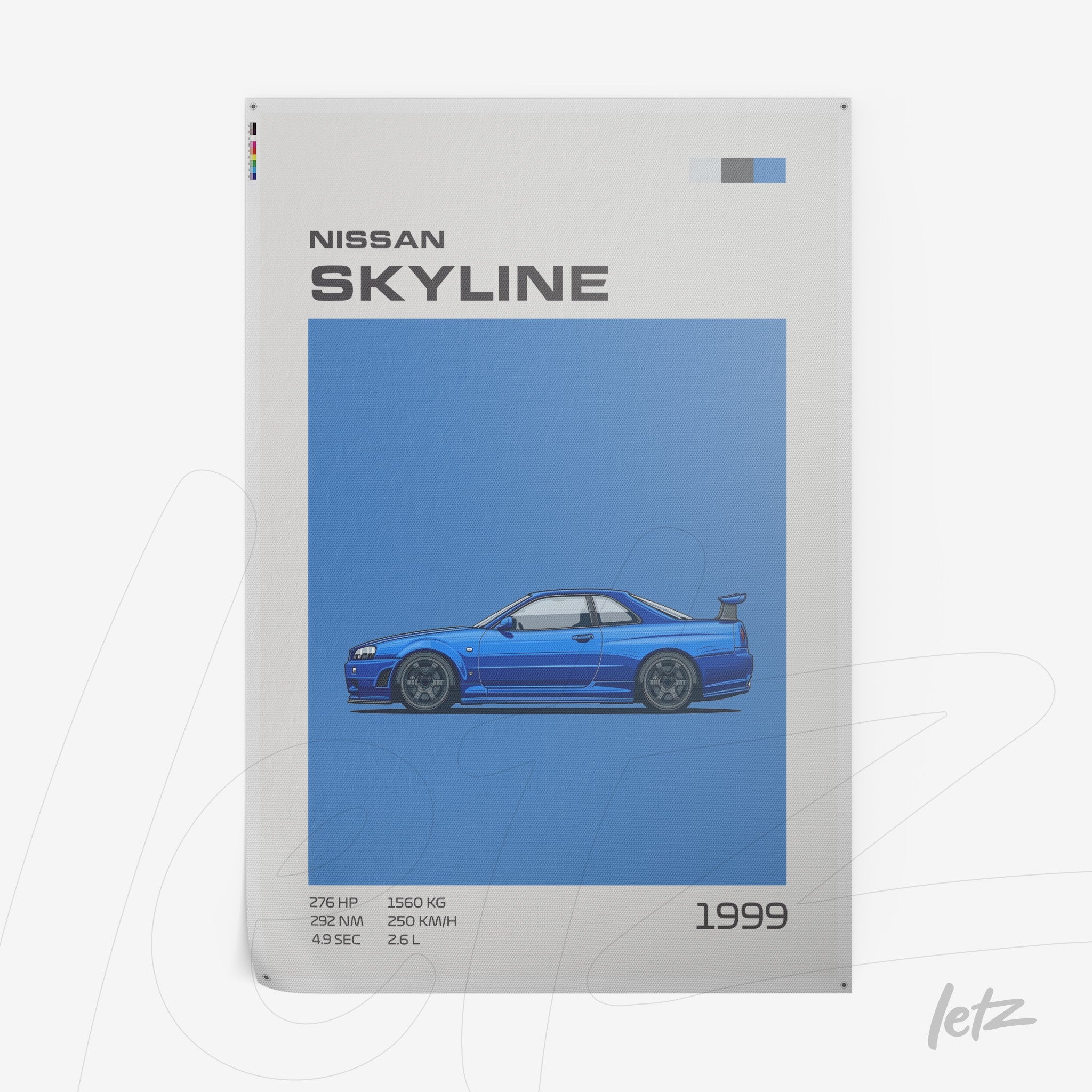 framed wall art featuring an illustration of the 1999 Nissan Skyline on a vibrant blue background