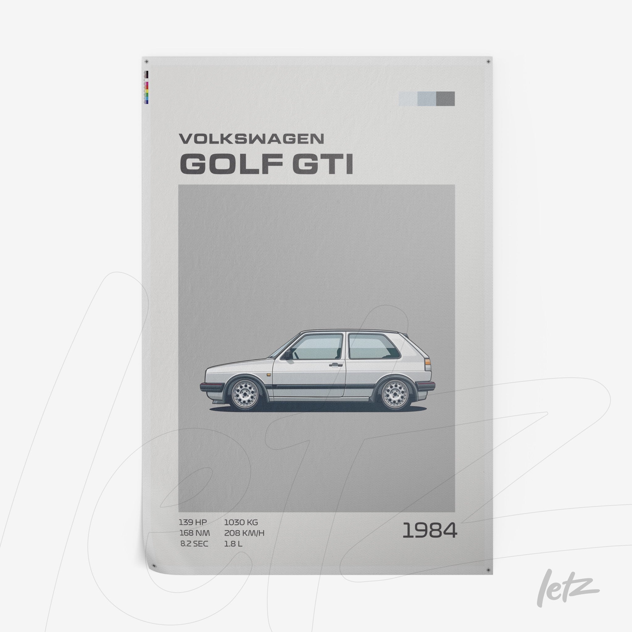minimalist poster print of a 1984 Volkswagen Golf GTI on a light background