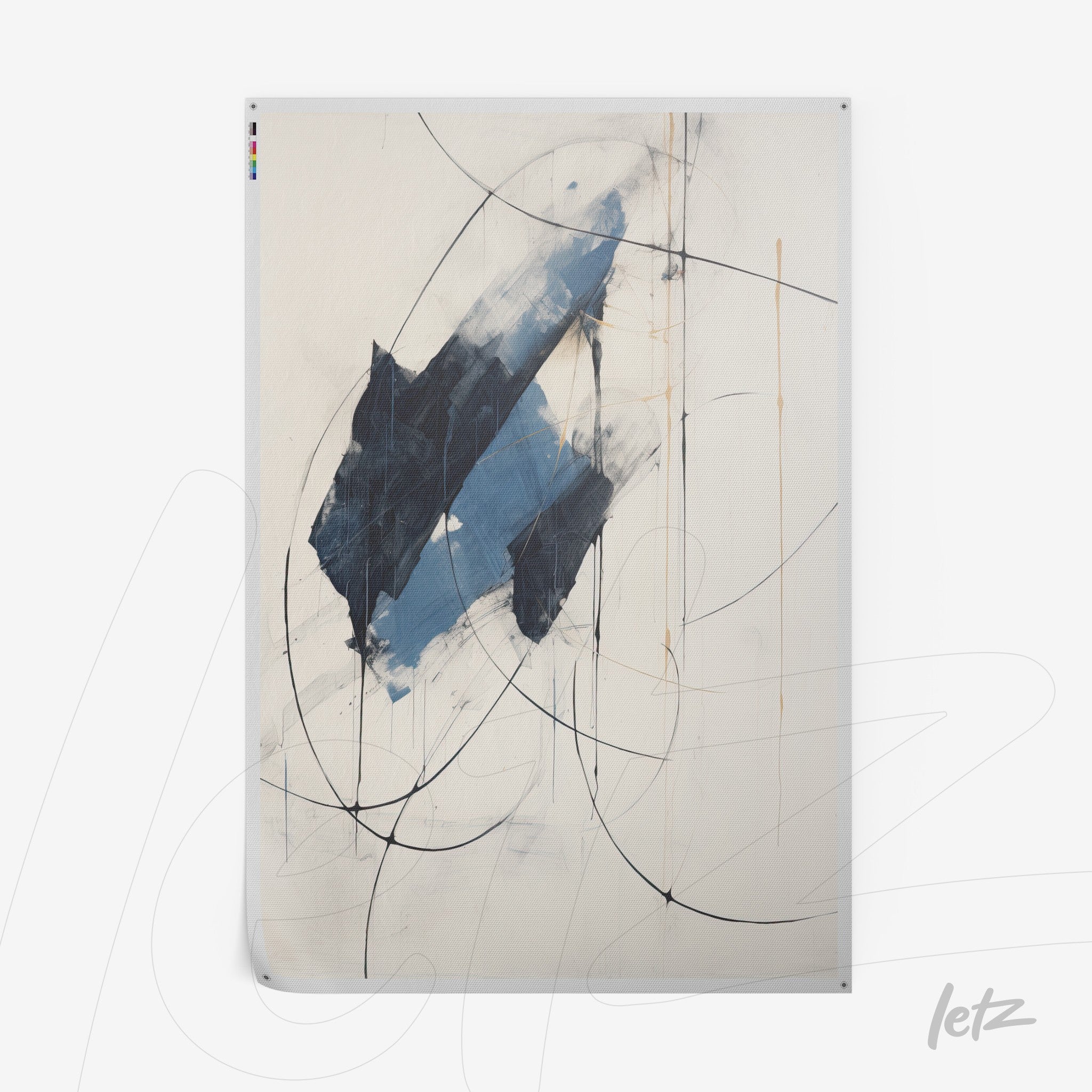 abstract wall art featuring shades of blue and black on a light background with fine lines and organic shapes