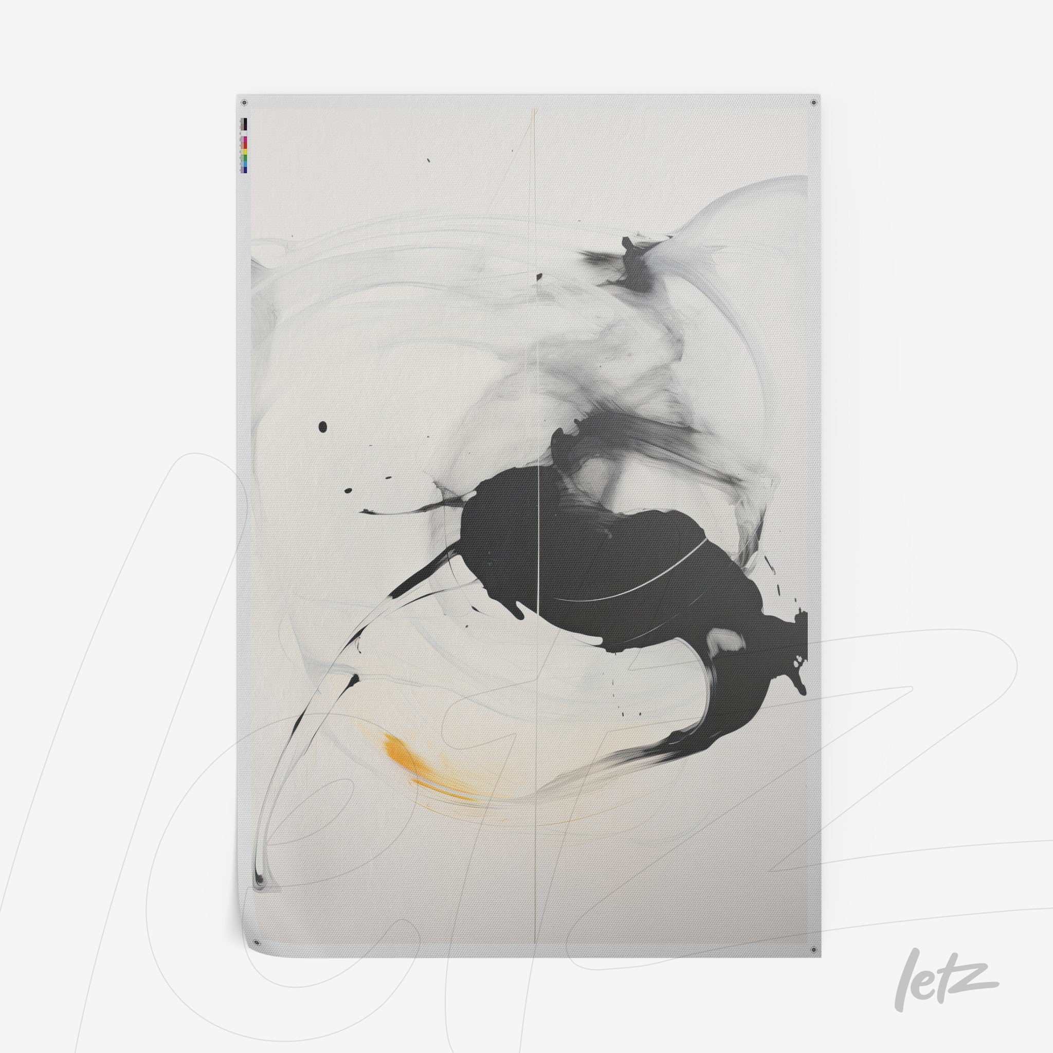 abstract art featuring fluid black and yellow strokes on a light background