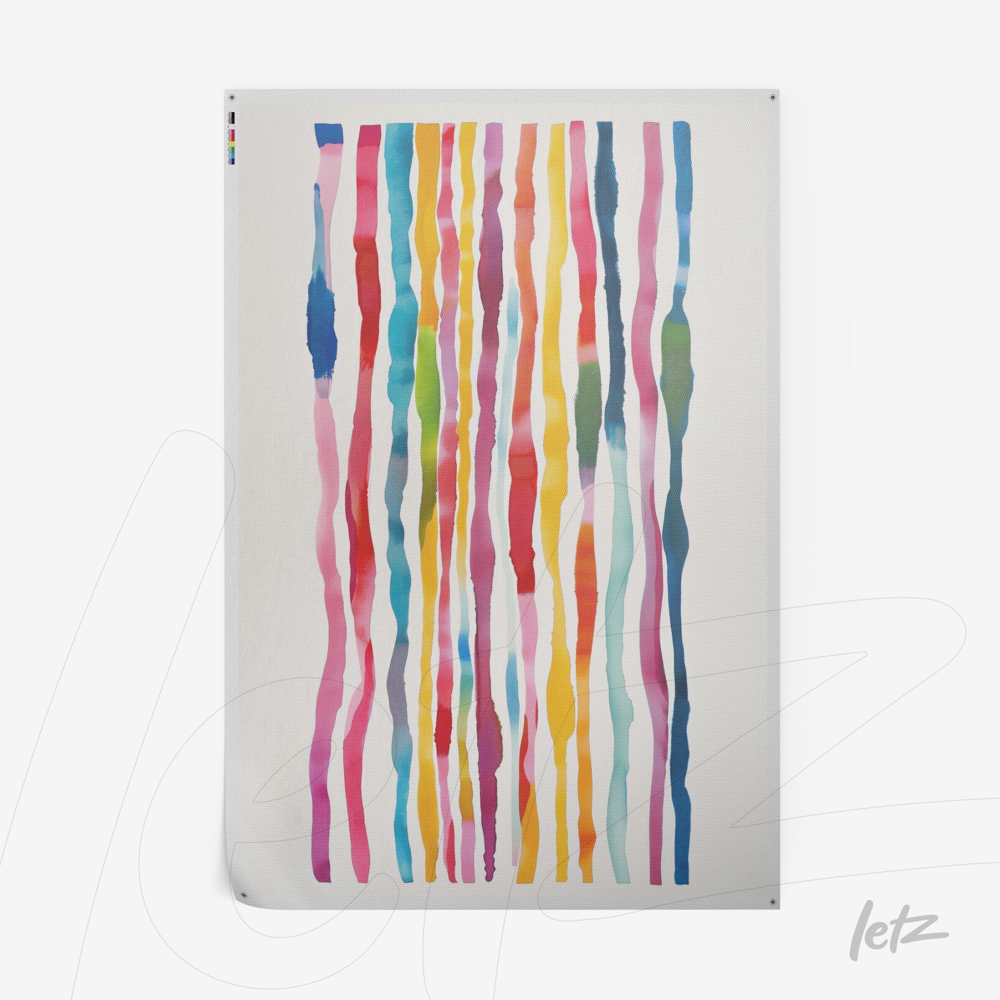 abstract wall art featuring colorful vertical stripes on a light background