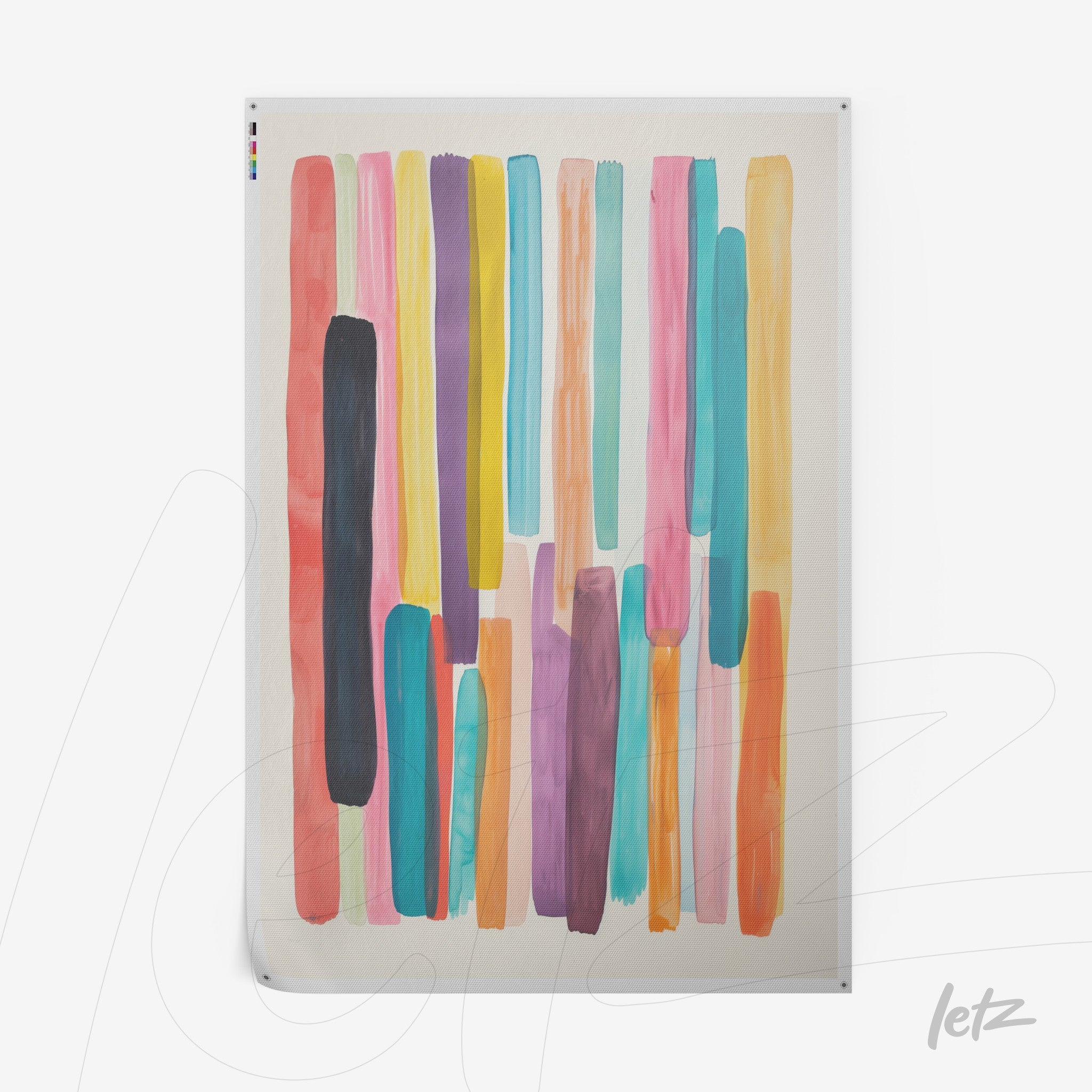 poster print featuring abstract art with vibrant stripes in shades of pink, blue, orange, and purple on a light background
