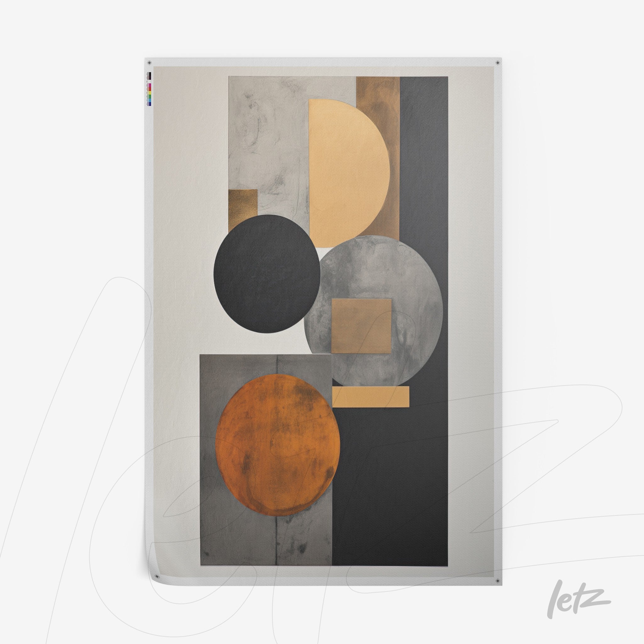 modern art piece featuring geometric shapes in orange, gray, and black on a light background