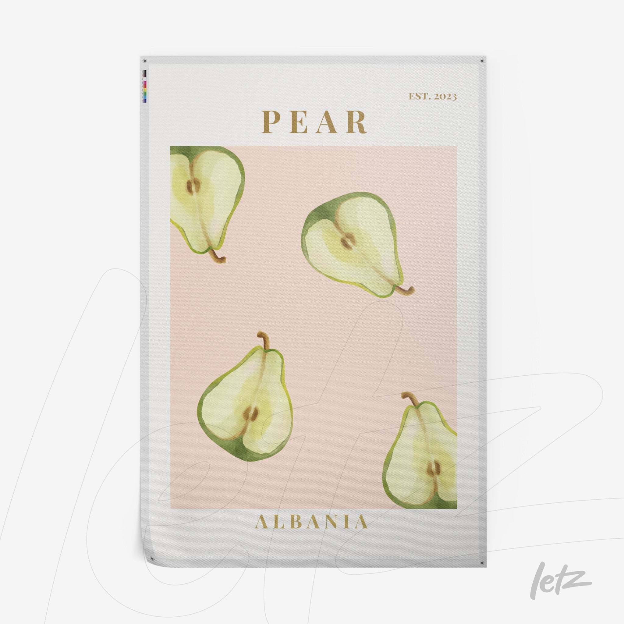 framed wall art featuring minimalist green pears on a light pink background with a white frame